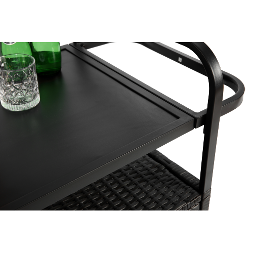 Table de Bar Extérieur en Rotin avec Armoire, Seau à Glace et Panier Latéral, Plateau Acier, Roues Verrouillables, Noir - 6