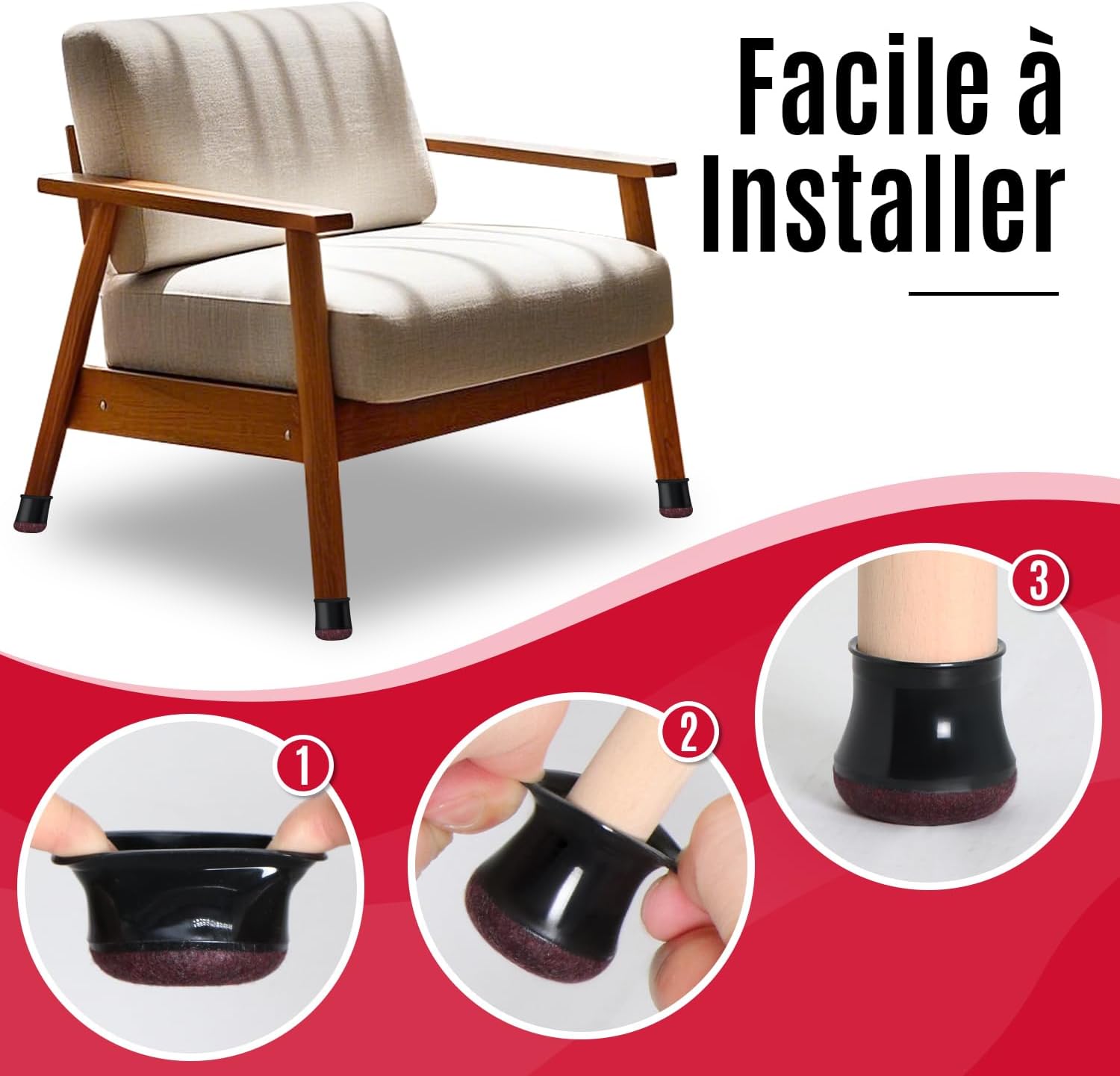 Lot de 24 embouts de pieds de chaise, anti-bruit, anti-rayures et résistants à l'usure, grands, noirs - 4