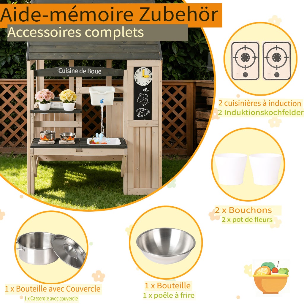 Cabane enfant extérieur en bois, maison enfant extérieur avec robinet fonctionnel, toit anti-pluie et accessoires complets pour 3 ans - beige - 3