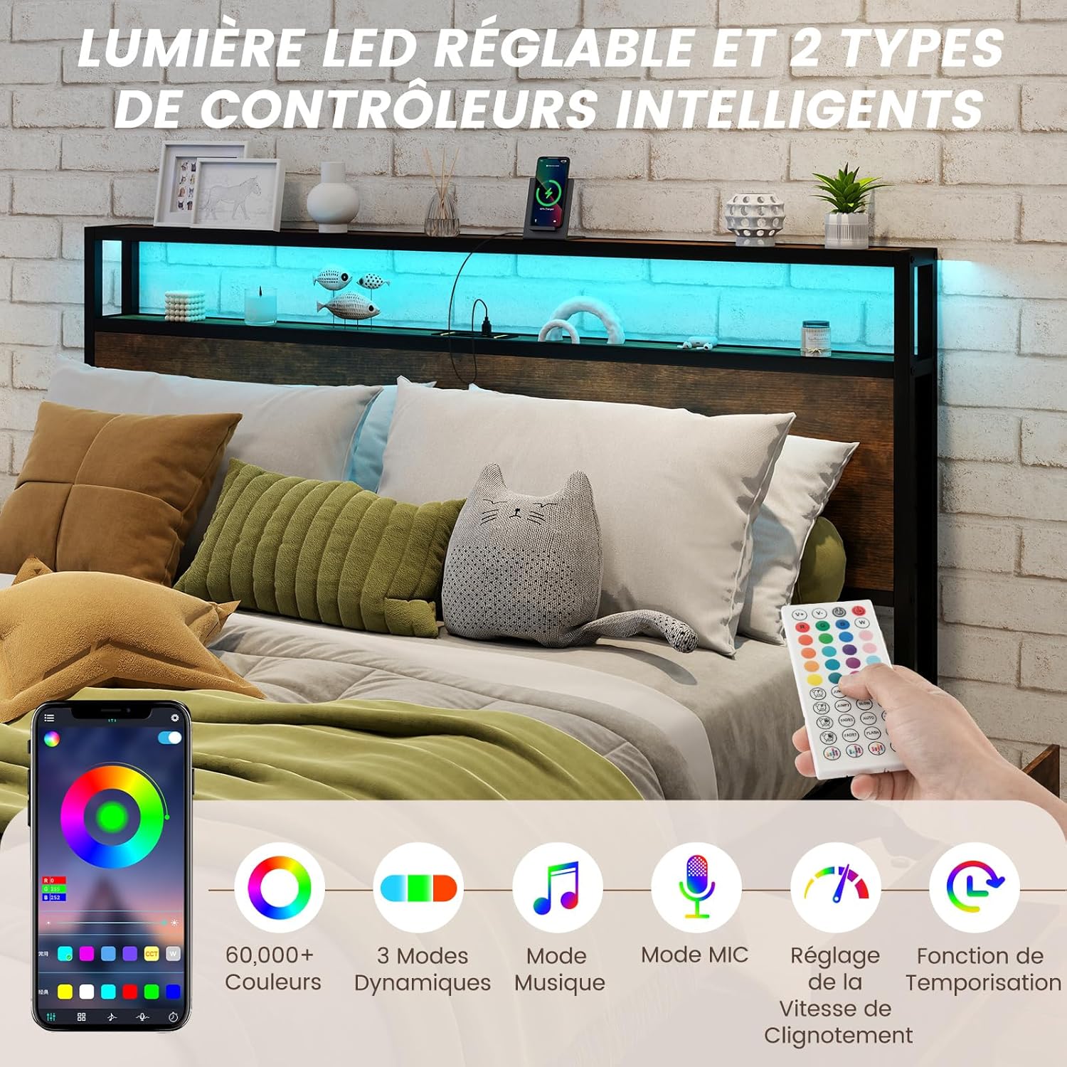 Letto con 4 Cassetti e Testiera, Struttura Letto 200x160 cm con Luci LED Regolabile e Presa Multipla, Carico Massimo 300kg, Silenzioso (200x16 - 5