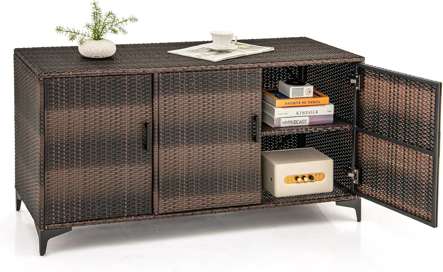 Rattan szafka ogrodowa do użytku na zewnątrz, odporna na warunki atmosferyczne, szafka pomocnicza do ogrodu, na balkon i basen, obciążenie 135 kg,