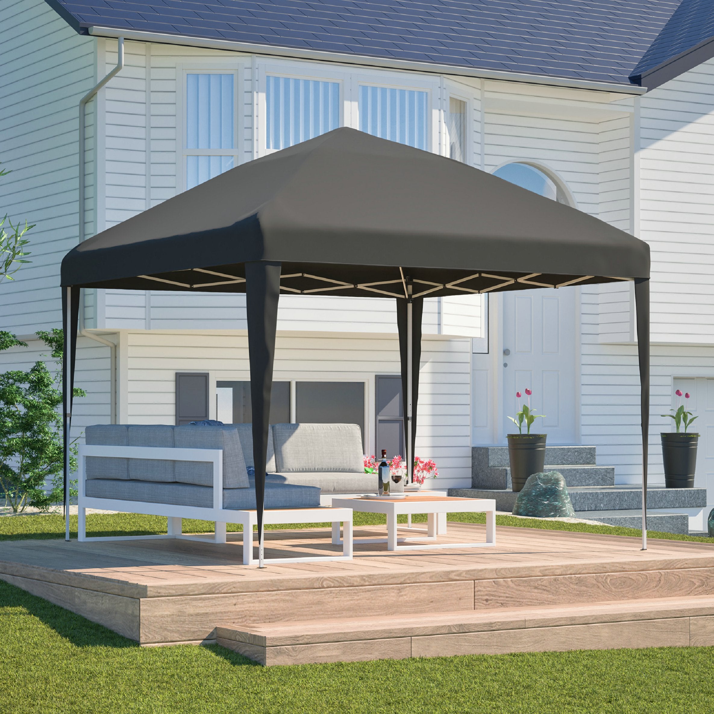 Pavillon pliant 3x3m, hauteur réglable, avec 4 sacs de sable et sac de transport (noir) - 2