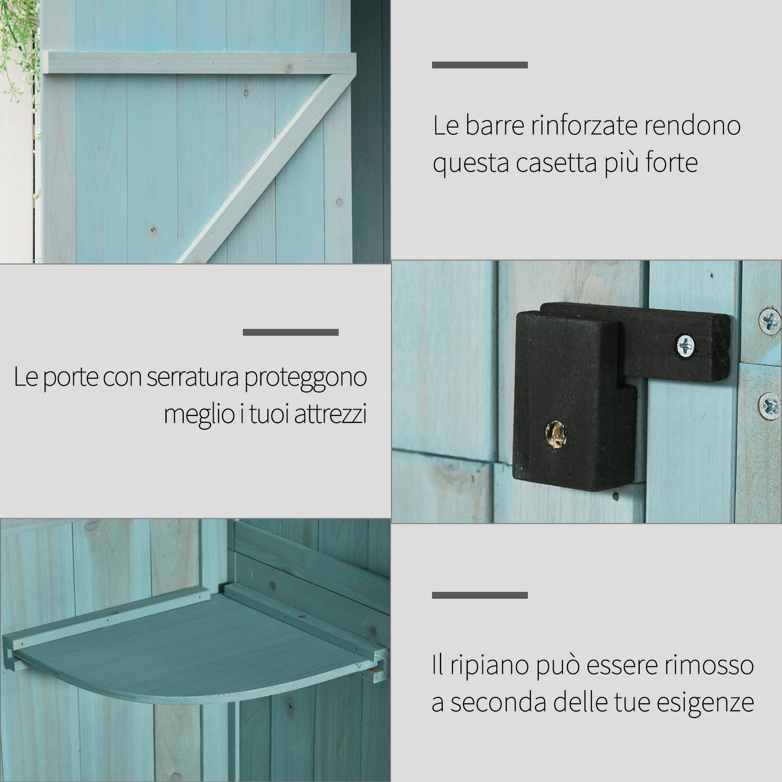 Outsunny Casetta da Giardino Porta Attrezzi in Legno con 3 Ripiani, 77x54.2x179cm, Blu - 6
