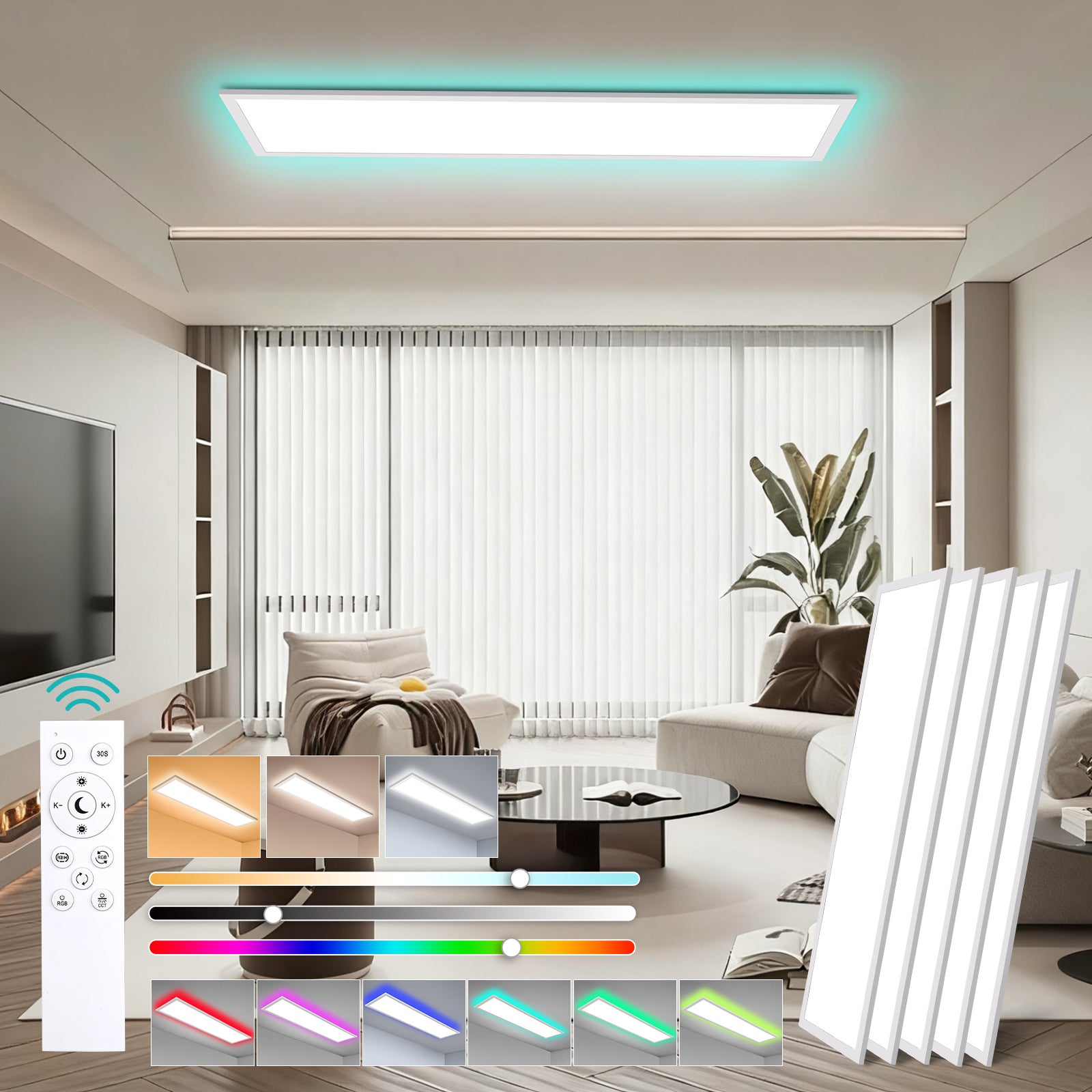 LOVHAUS 5PCS Lampa Sufitowa LED 30W Biała 100x25 cm, Panel LED Sufitowy Prostokątny Ściemniający RGB do Salonu, Biura, Kuchni Wewnętrznej z Pilotem