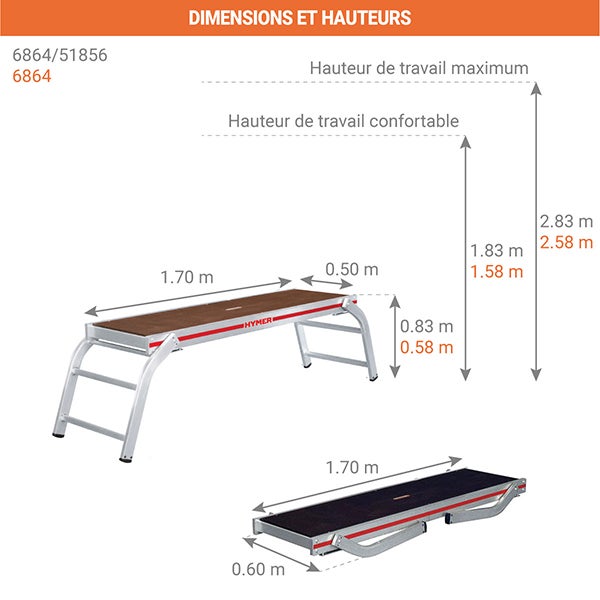 Plateforme 2x3 marches - Hauteur max. de travail 2.58m - 6864 - 2