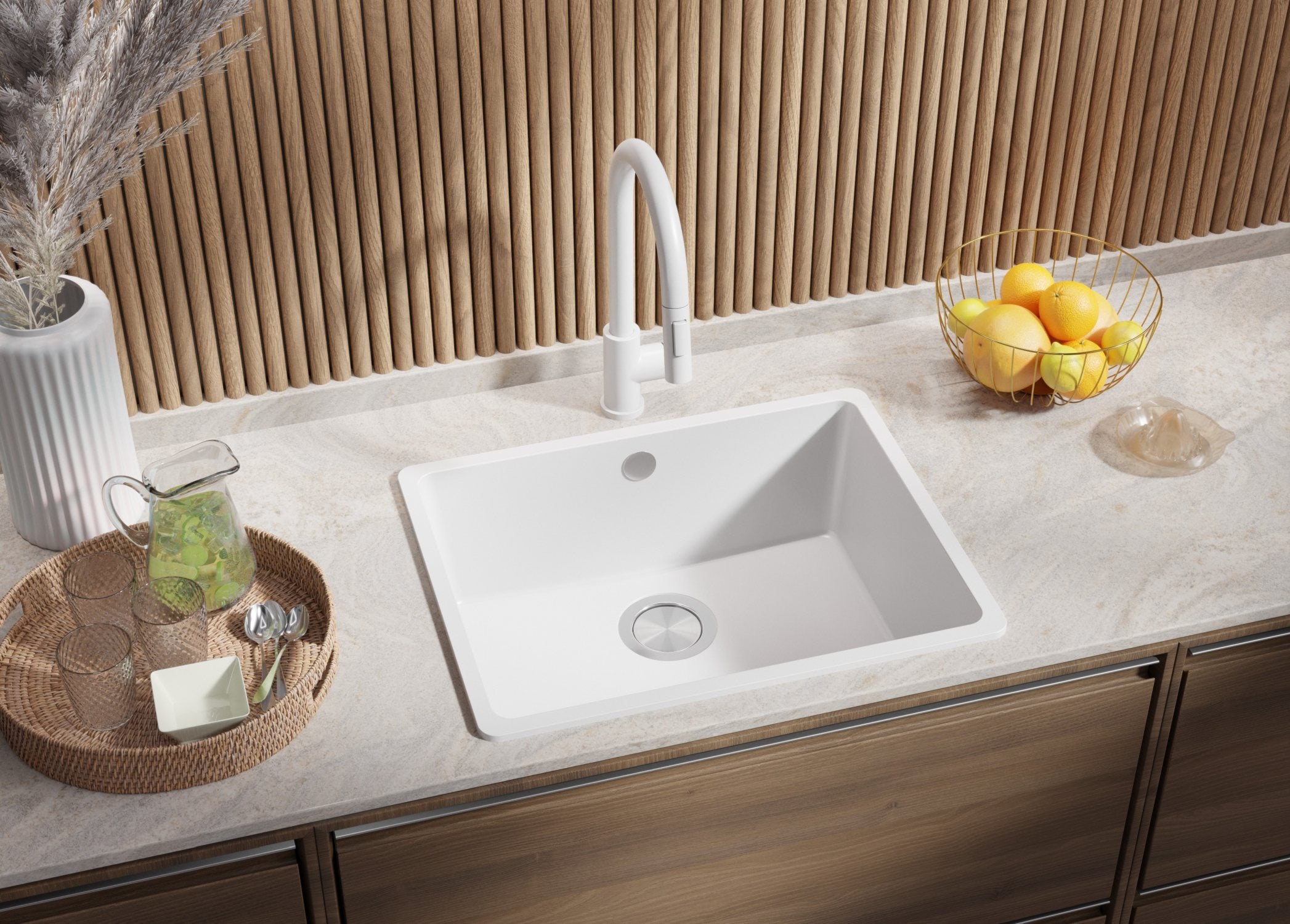 Lavello da Cucina Bianco 56x44cm, Lavandino in Granito a 1 vasca + Sifone Classico + Accessori, Lavabo da Cucina Incasso al mobile 60cm PRIMAGRAN - 2