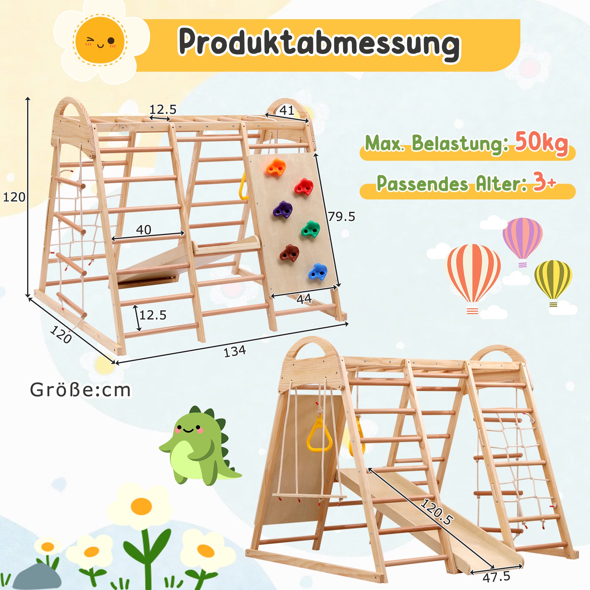 Playground 7 em 1 com balanço, escada, escorregador, rede de escalada, pedra de escalada - 134 x 120 x 120 cm - Pinho e compensado - Natural - 9
