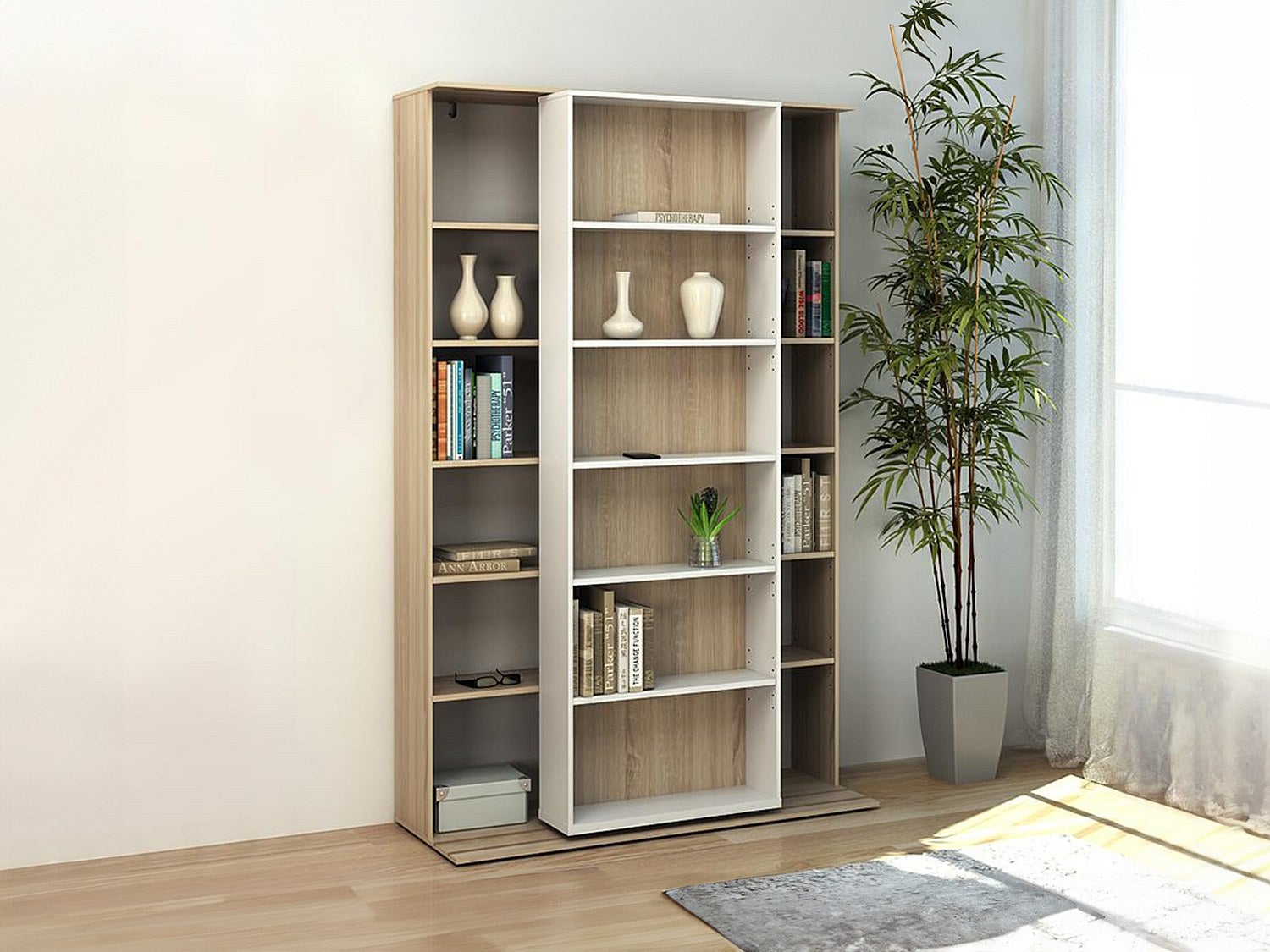 Biblioteczka przesuwna PRALI – 18 wnęk – kolor biały i dębowy