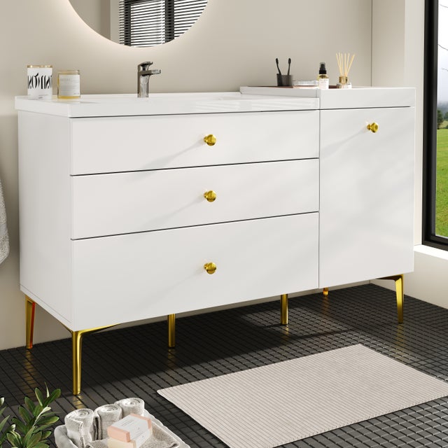 Mobile lavabo da bagno con lavabo singolo in ceramica e 3 cassetti - 120 x 47,5 x 80 cm - MDF - Bianco