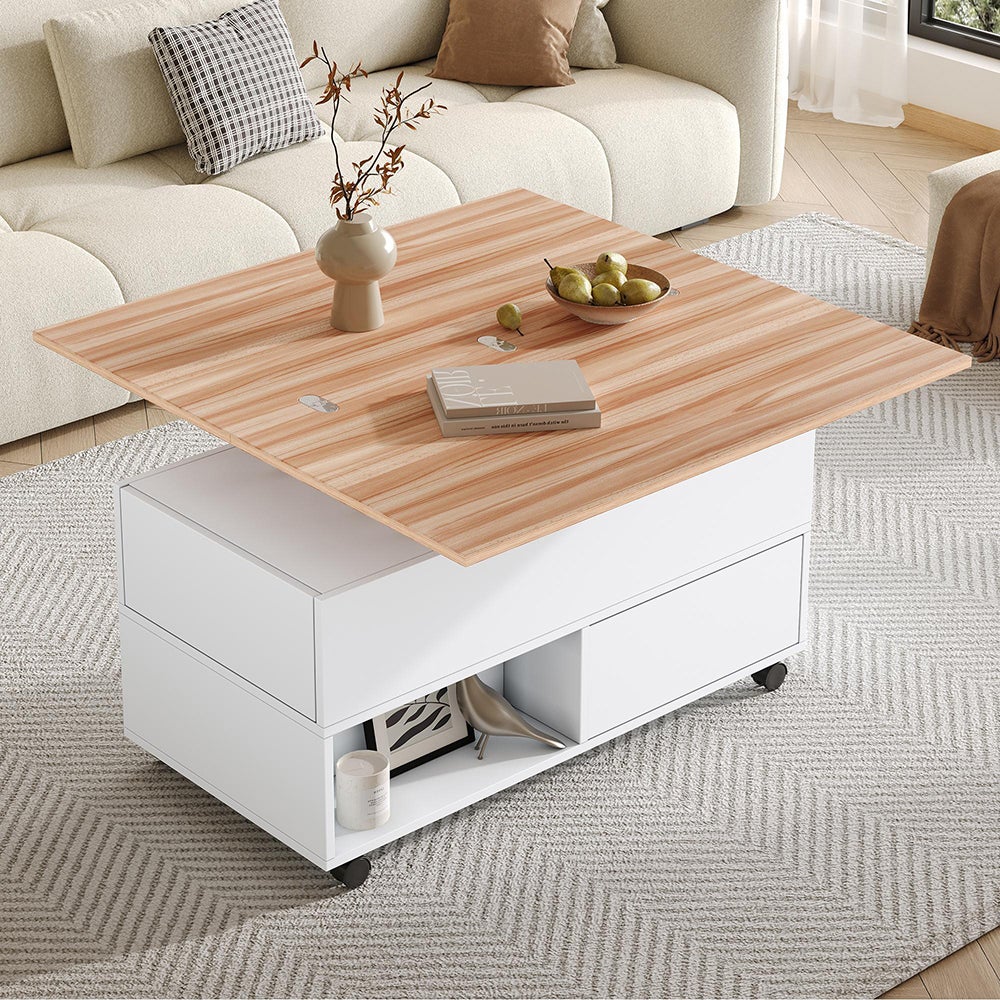 Table basse avec 4 roulettes 4 tiroirs relevable réglable en hauteur avec espace de rangement blanc - 10