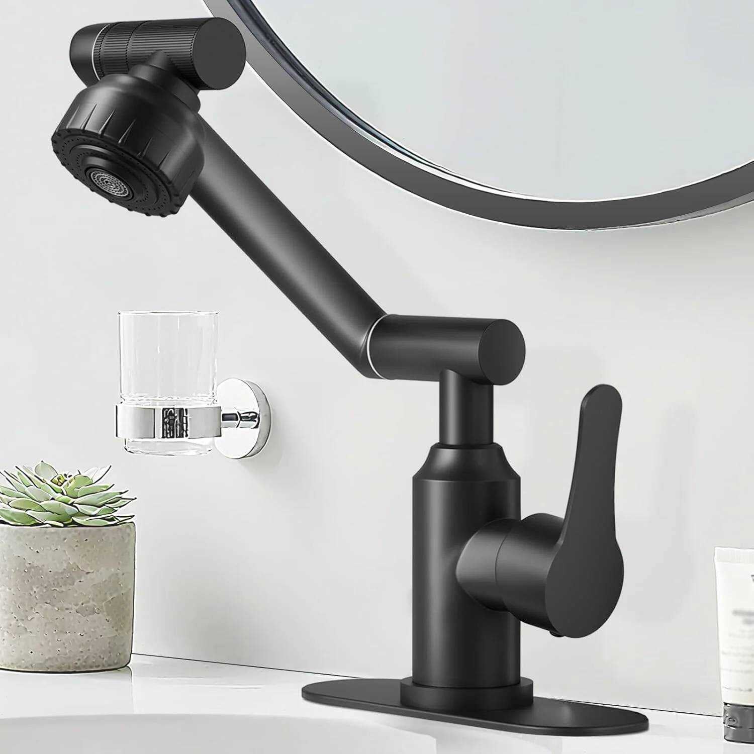Mezclador lavabo negro inox giratorio 1080° 2 modos chorro gris pólvora