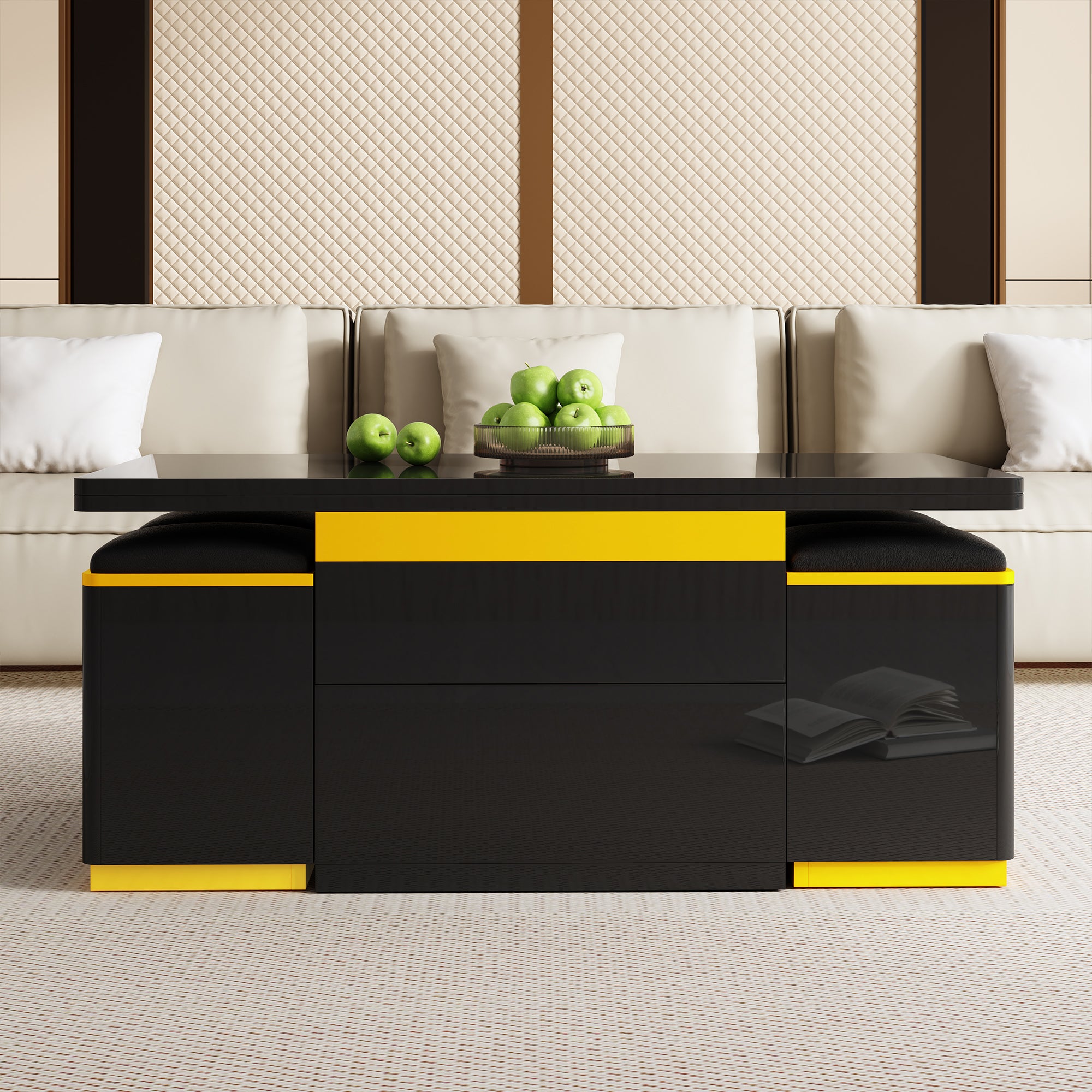 Stolik kawowy z podnoszonym blatem, 4 krzesłami i 2 szufladami – 100 x 50 x 43 cm – Płyta wiórowa + MDF – Czarny - 8