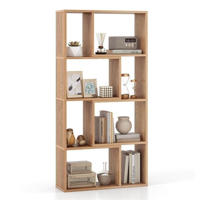 Geometryczna Biblioteczka Drewniana, 60 x 20 x 120 cm, Otwarta Półka z 8 Kostkami, do Sypialni, Salonu (Naturalna)