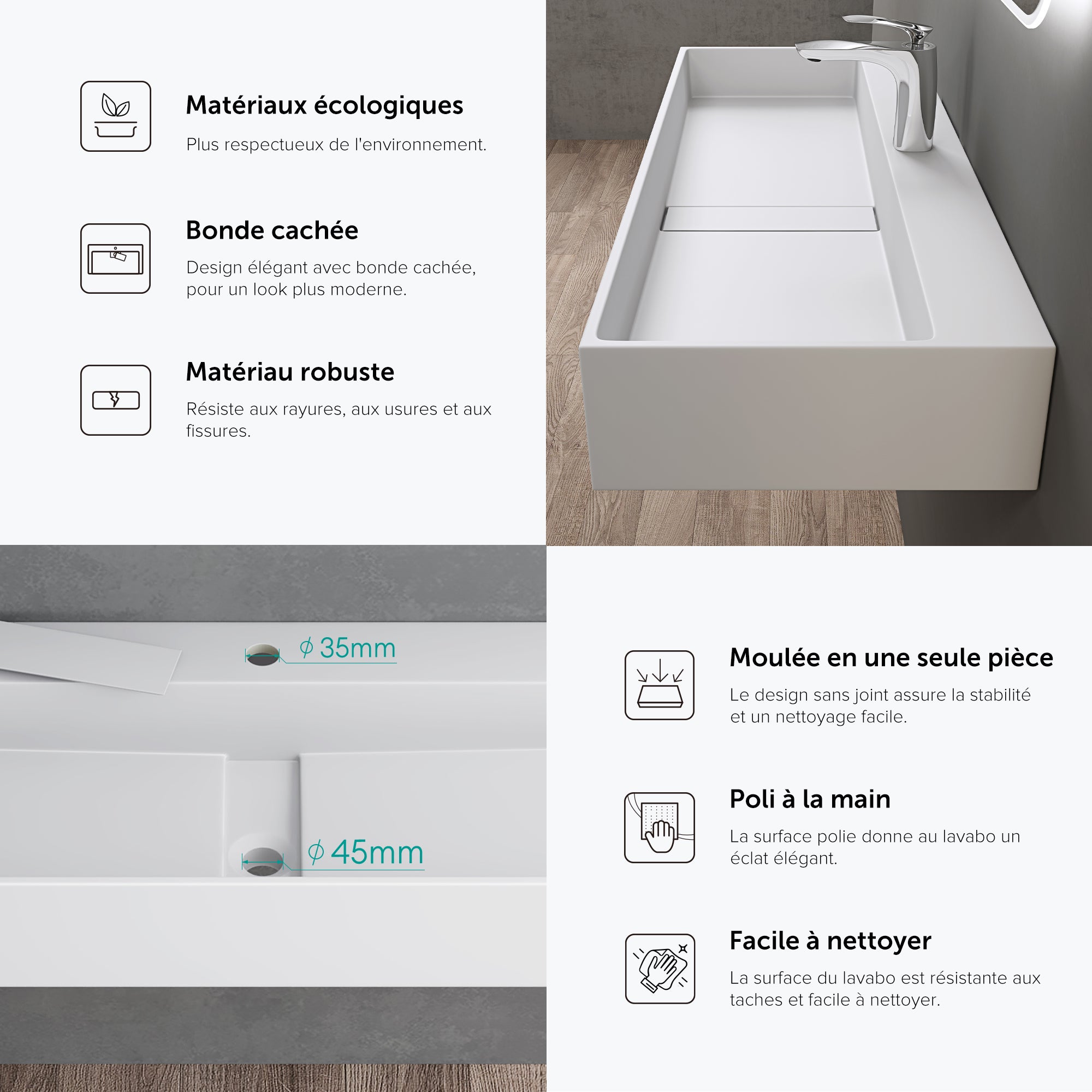 Lavabo Suspendu, Vasque à Poser, Lave-Mains Rectangulaire, 120cm, Blanc Mat, avec Cache Bonde, pour Salle de Bains, Colossum6028 doporro - 5