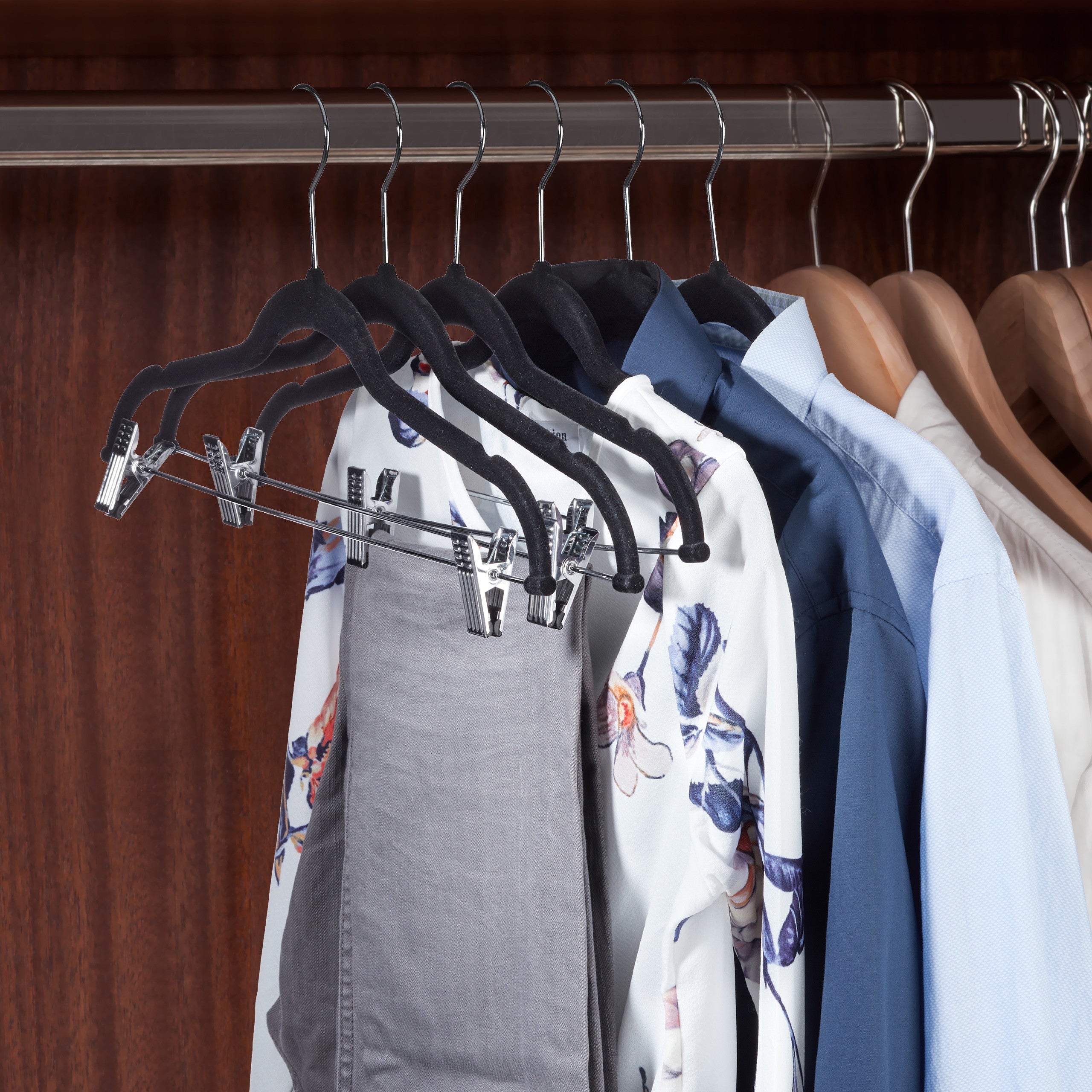 24x Cintres en velours, pinces, clips, manteaux, pantalons, robes, vêtements, crochet 360°, 43 cm, antidérapant, gris - 3