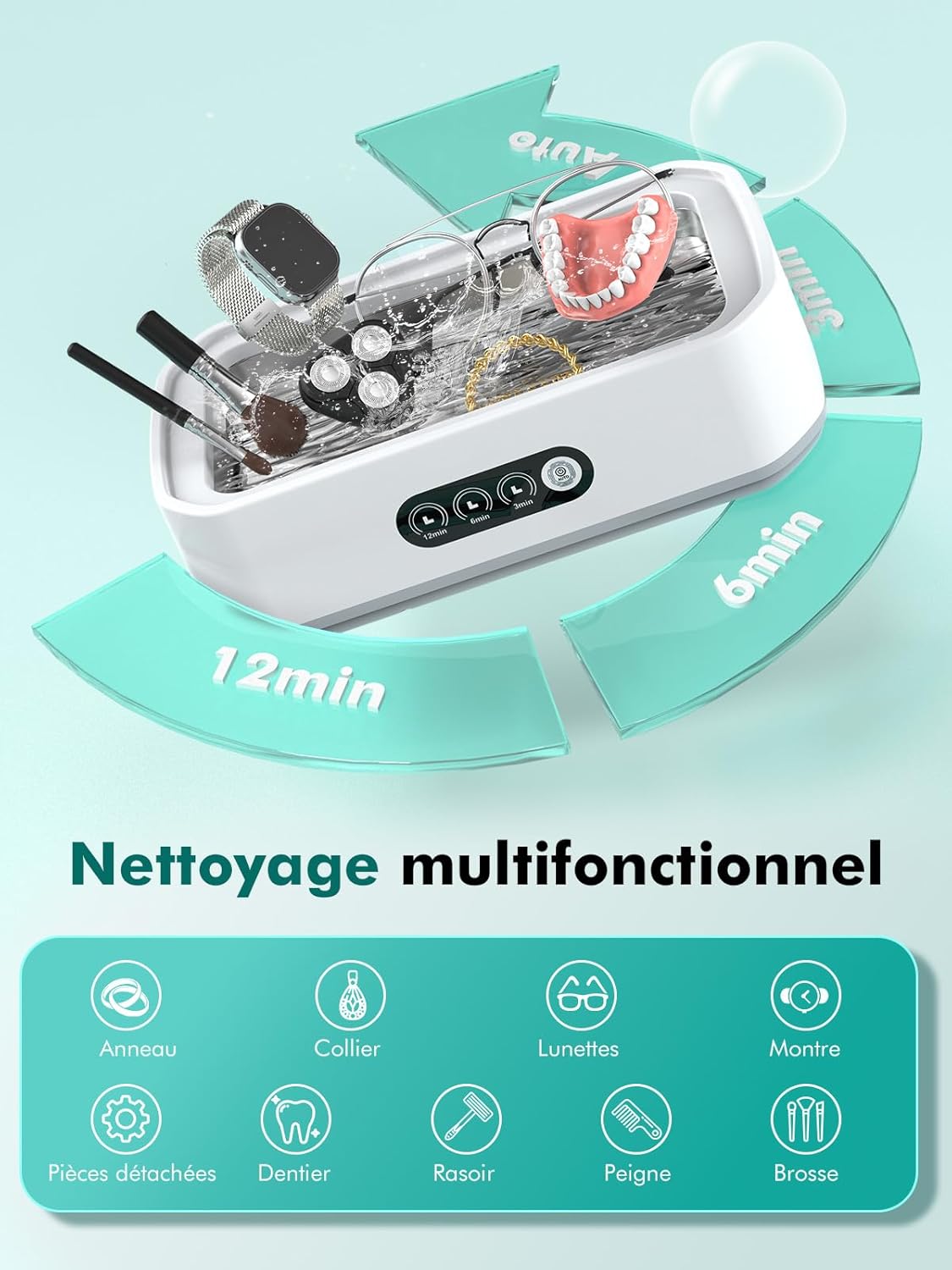 Nettoyeur à ultrasons, 48 ​​kHz, 650 ml, à une touche, adapté au nettoyage des lunettes, bijoux et prothèses dentaires - 7