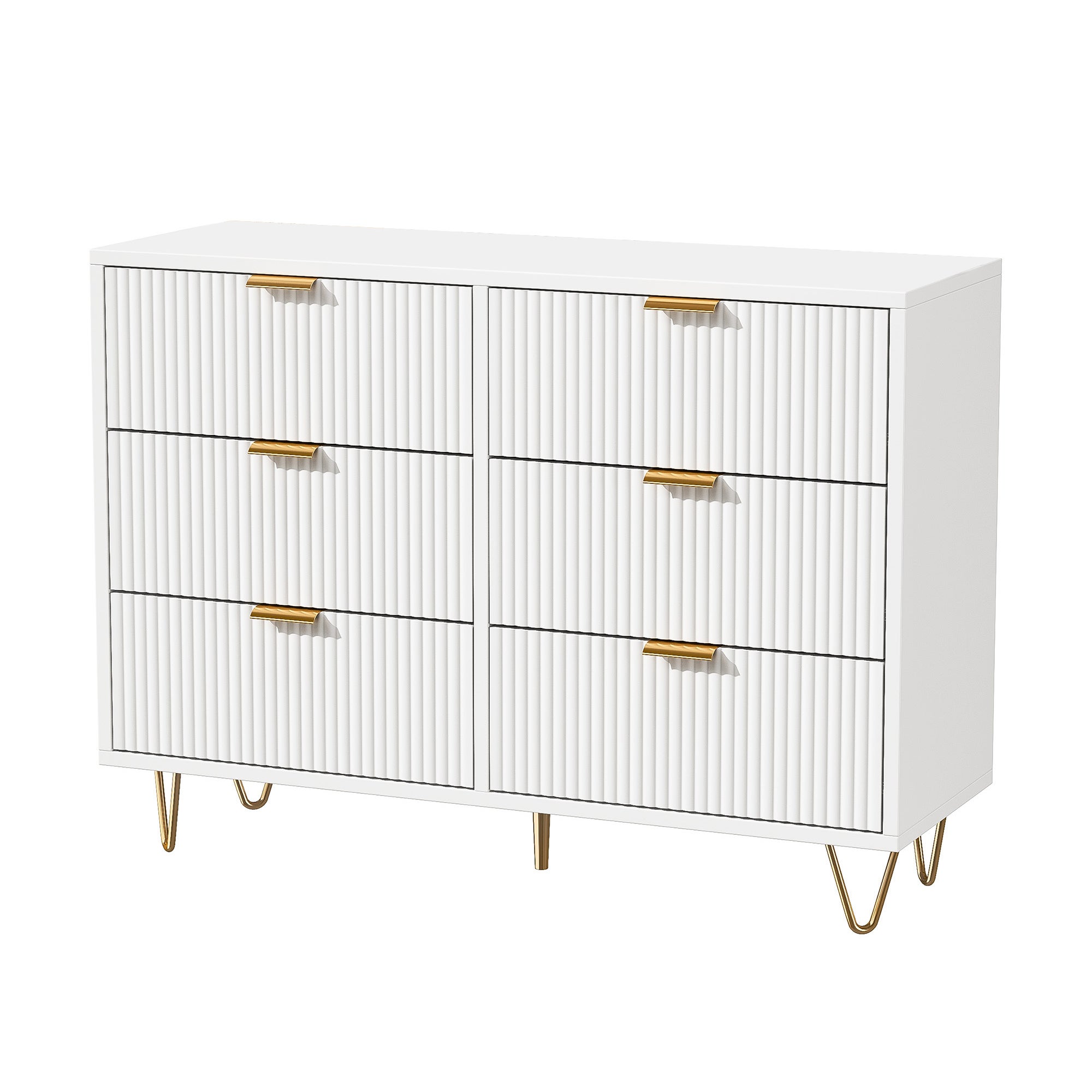 Commode Blanche 6 tiroirs, Commode Chambre Meuble de Rangement Moderne avec poignées et Pieds dorés pour Salon, Chambre, Bureau - 8
