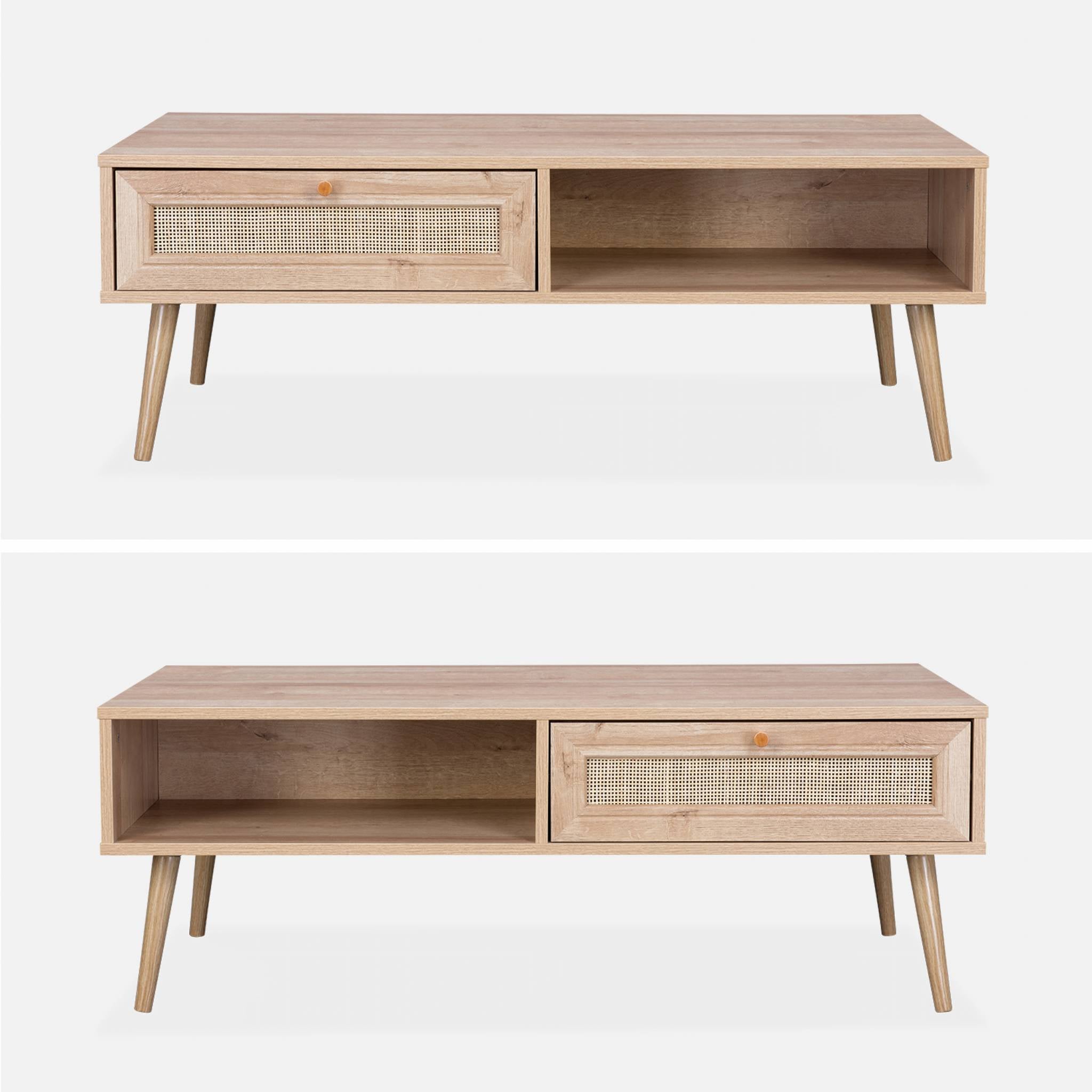 Table basse en cannage 110 x 59 x 39 cm - Bohème - Naturel. 1 tiroir. 1 espace de rangement. pieds scandinaves - 4