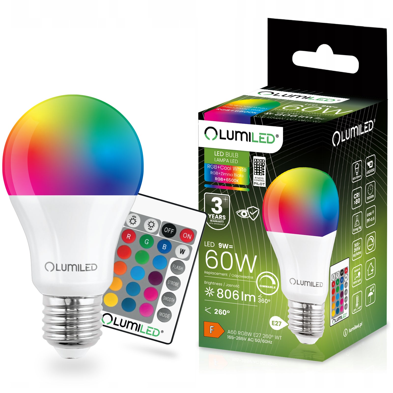 Żarówka LED Lumiled Lumiled E27 A60 9W 806lm 6500K Zimna biel + RGB Wielokolorowa 260st Ściemnialna Pilot 1 szt.