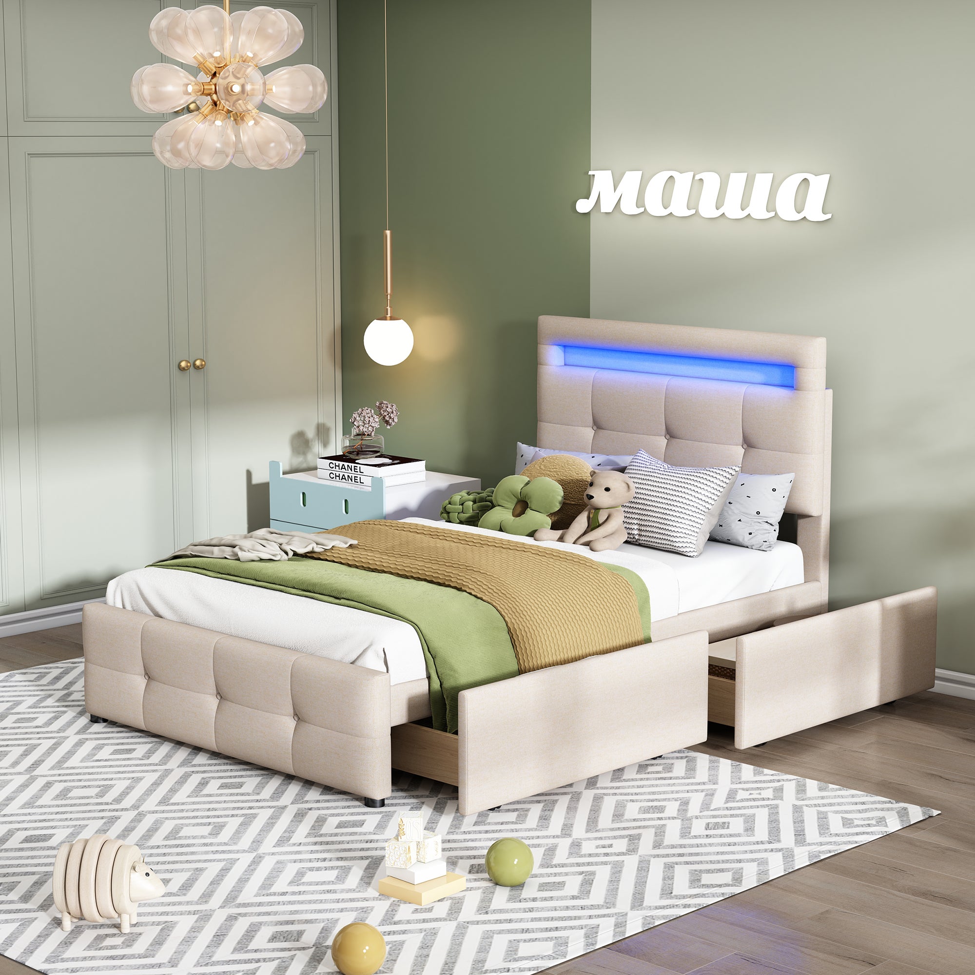 Łóżko tapicerowane-90x200 cm-z oświetleniem LED-2 szuflady-łóżko dziecięce-łóżko młodzieżowe-łóżko gościnne-beżowe
