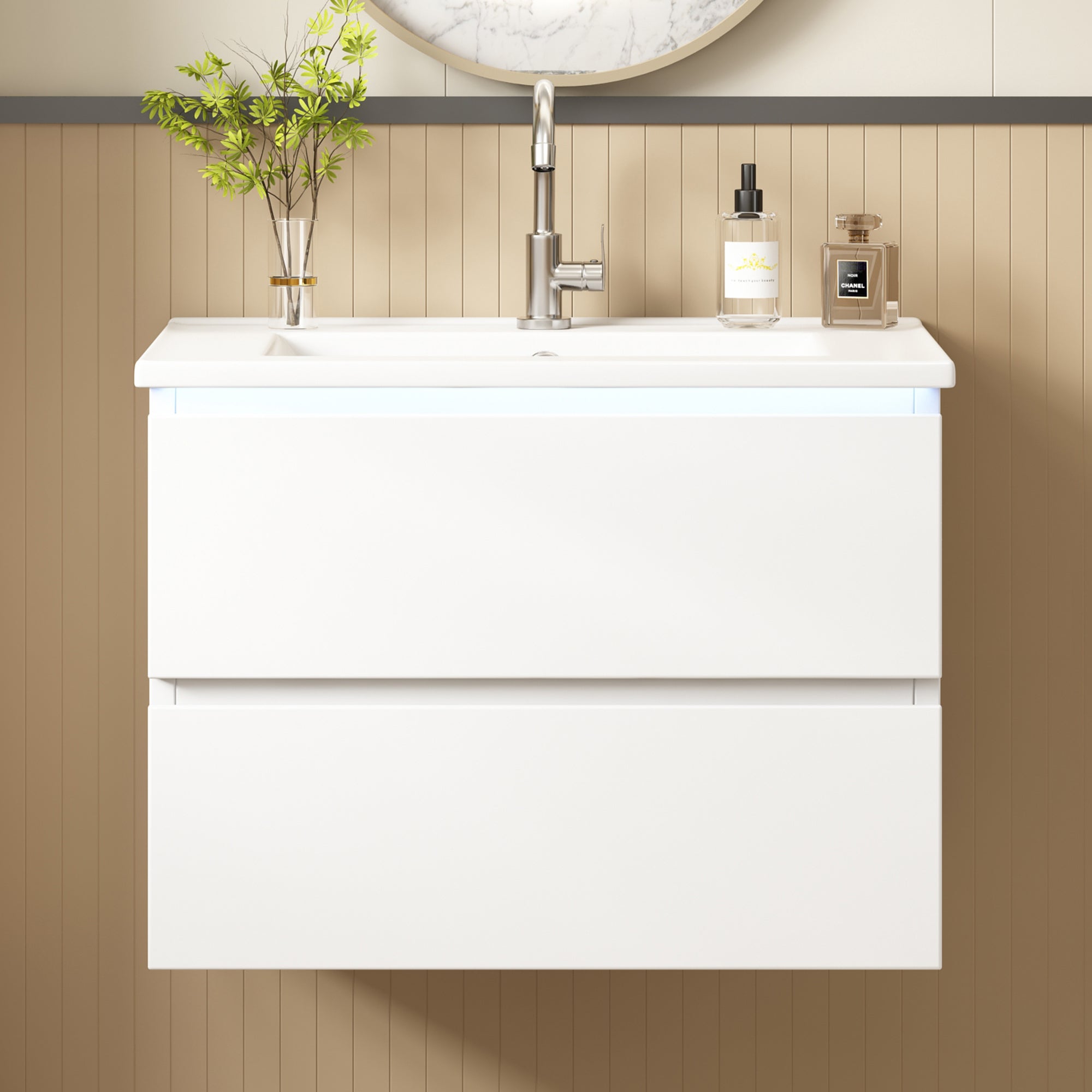 Wiszący mebel łazienkowy 61x46x45 cm - z ceramiczna umywalką - Oświetlenie LED - 2 szuflady - Biały