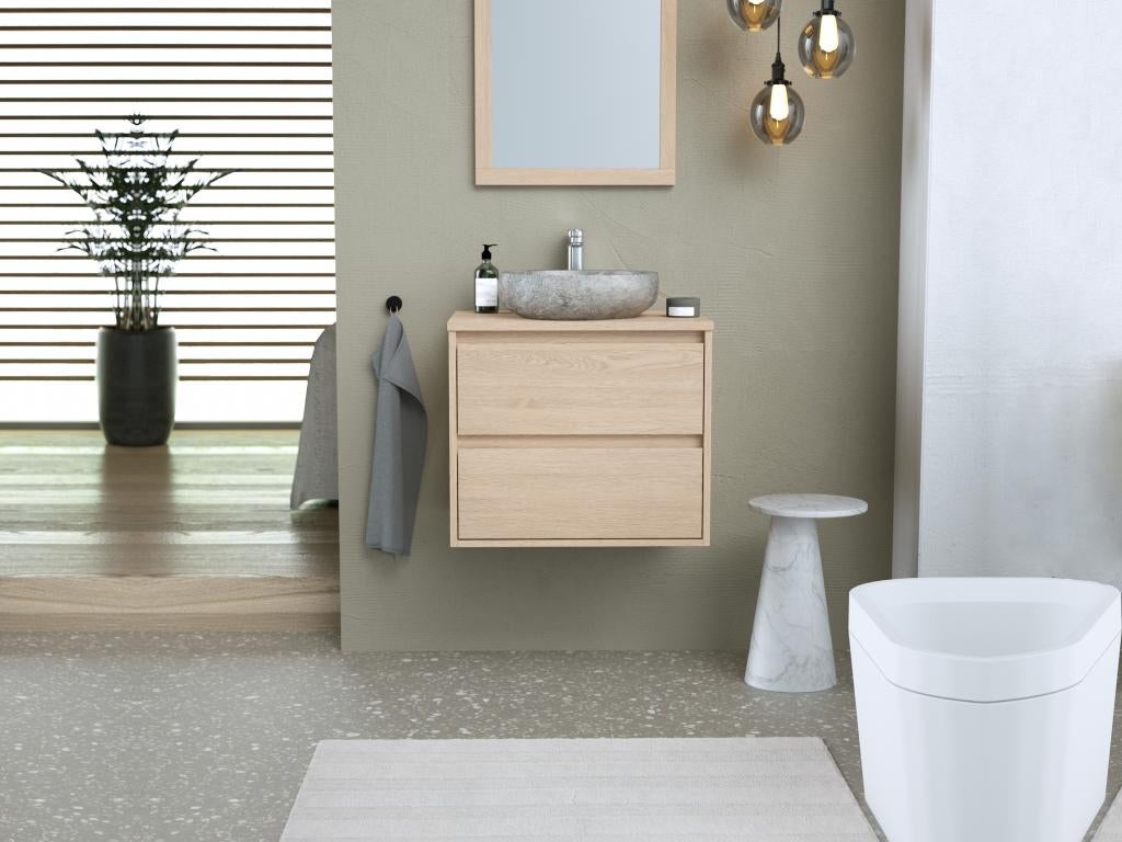Mobile Bagno 60 Cm Con Lavabo Da Appoggio In Pietra Rivestimento Rovere Milipam 74821164