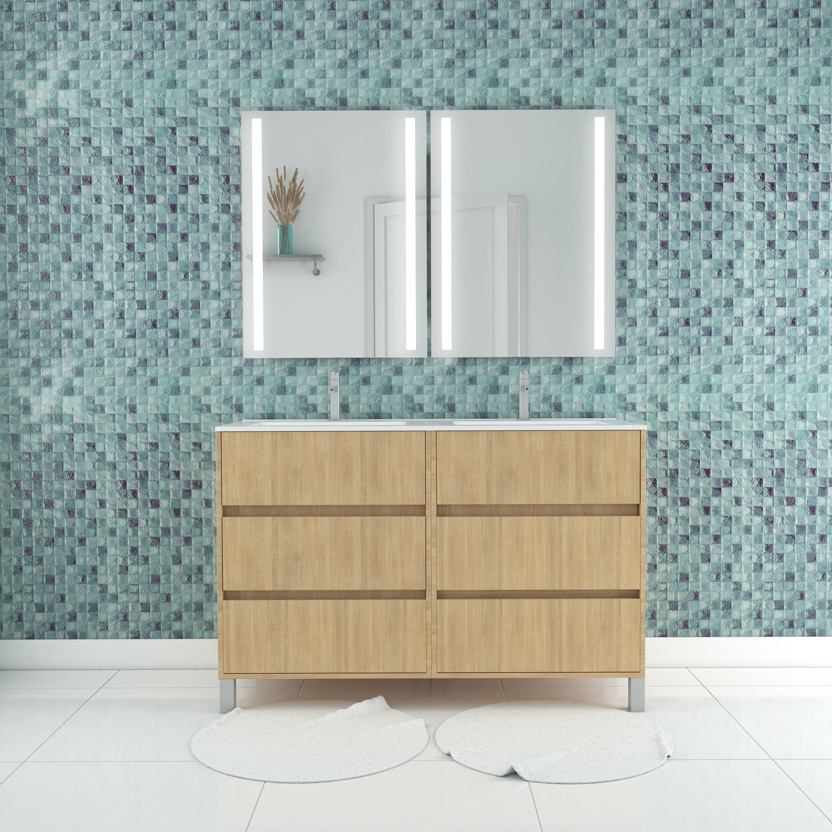 Meuble Salle de Bains 120 cm Chêne Clair 6 Tiroirs, Vasque, Miroirs 60x80 à Leds intégrées - XENOS - 5