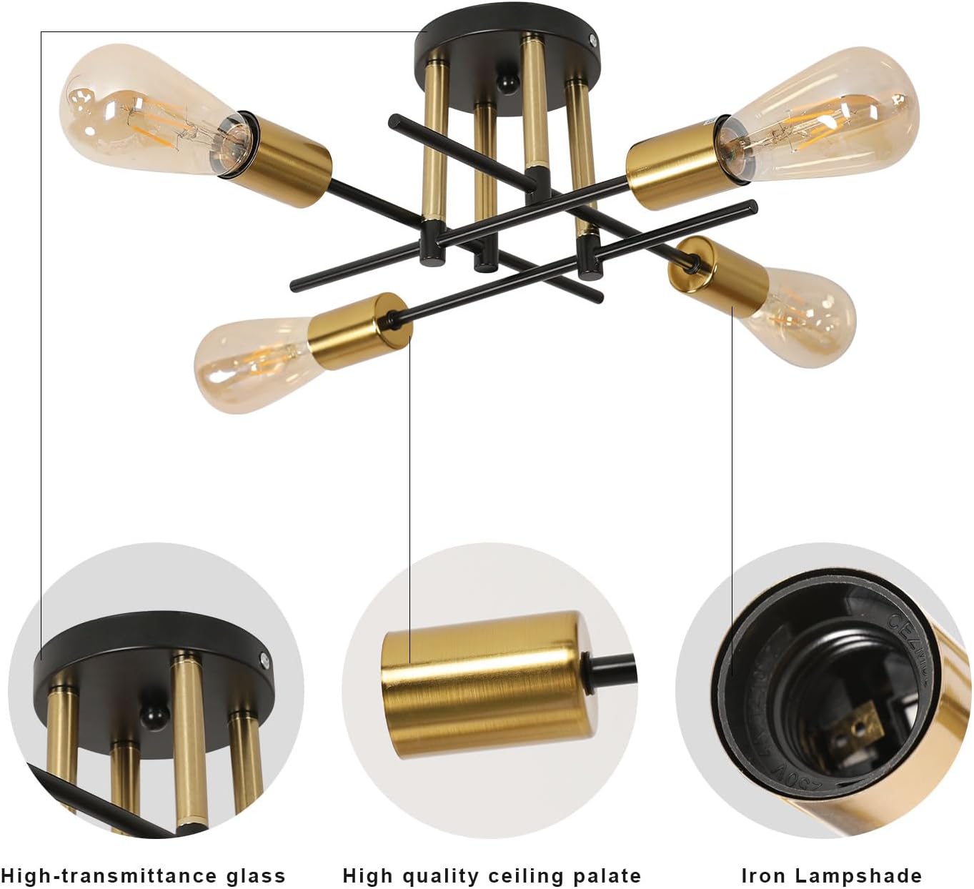 COMELY Lustre Plafonnier Industriel, 4 Lumières E27 Lampe de Plafond Retro Vintage en Metal, Retro Suspension Luminaire Doré pour Salon Salle à Manger - 2