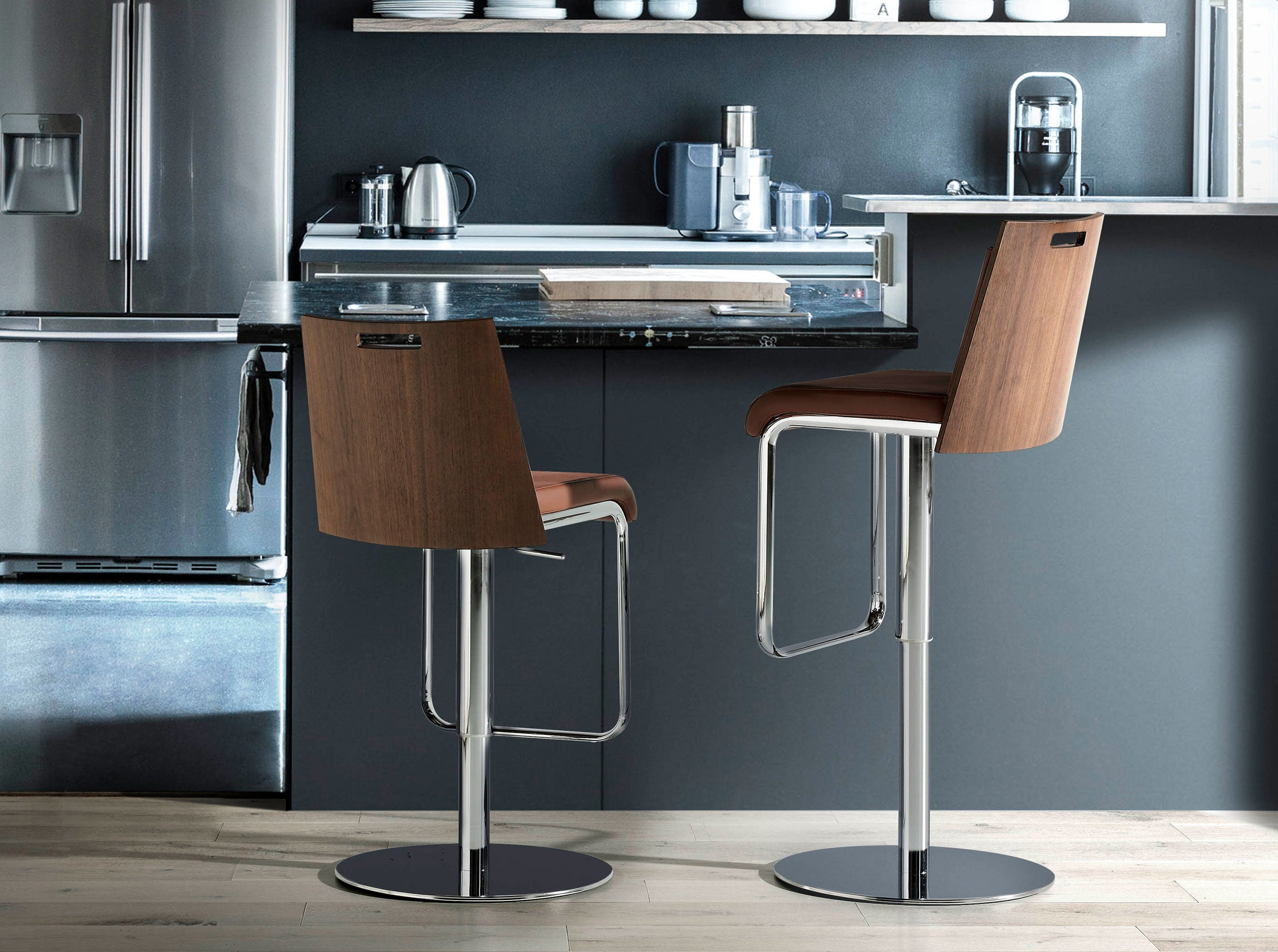 ANGEL CERDA Tabouret pivotant en similicuir marron et noyer - 4
