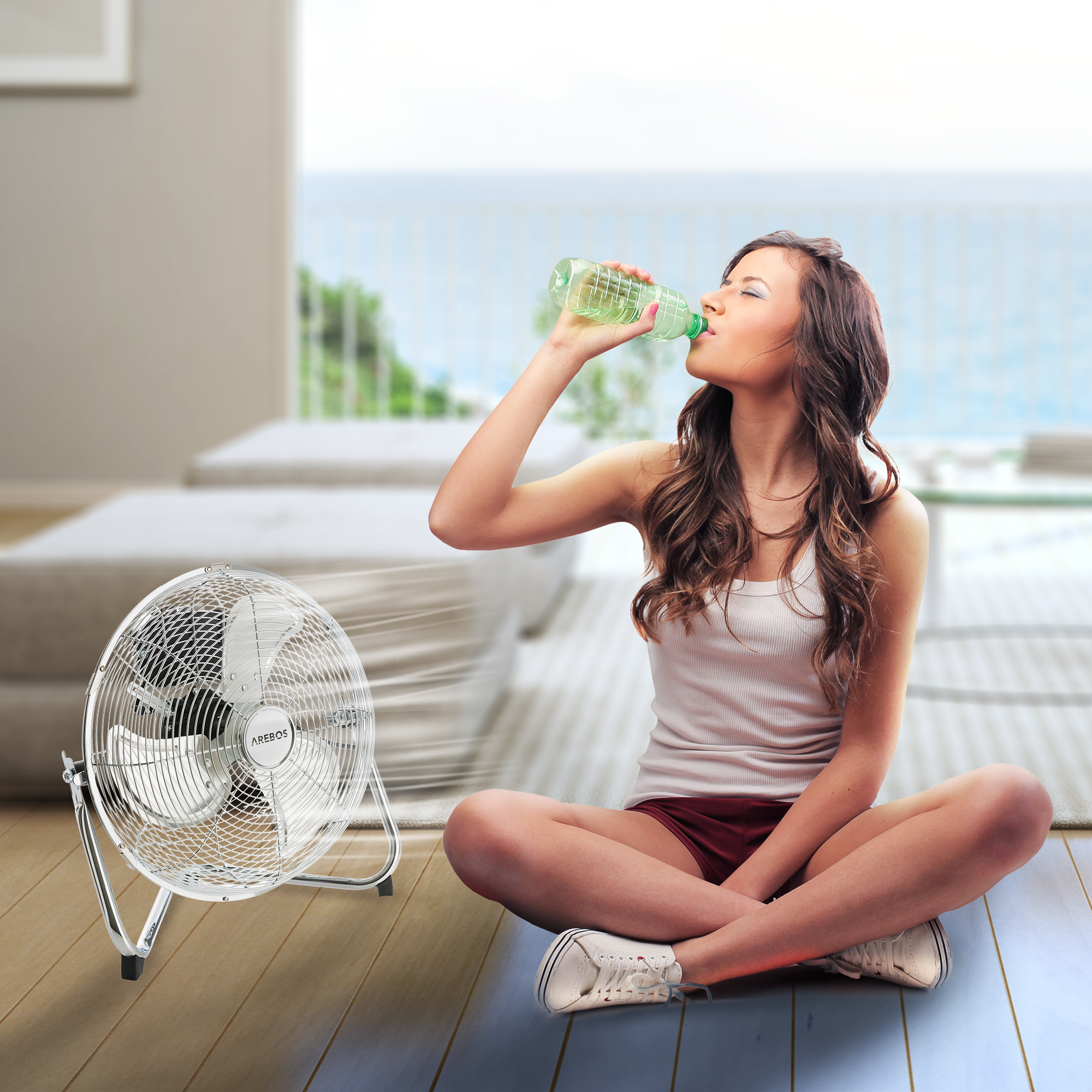 Ventilateur De Sol AREBOS 50 Cm 120W – 3 Vitesses, Inclinable 360°, Très Puissant Et Silencieux