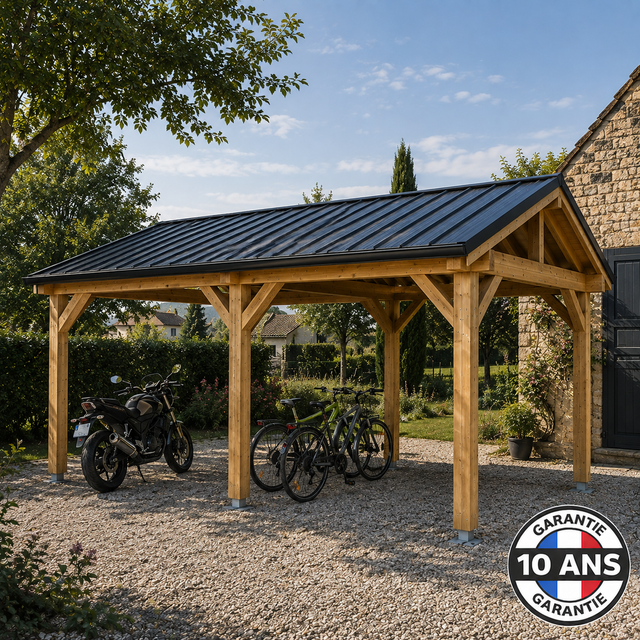 Carport bois Douglas 15 m² – 3 × 5 m – 2 pentes – 6 poteaux – Fabrication française – Garantie 10 ans
