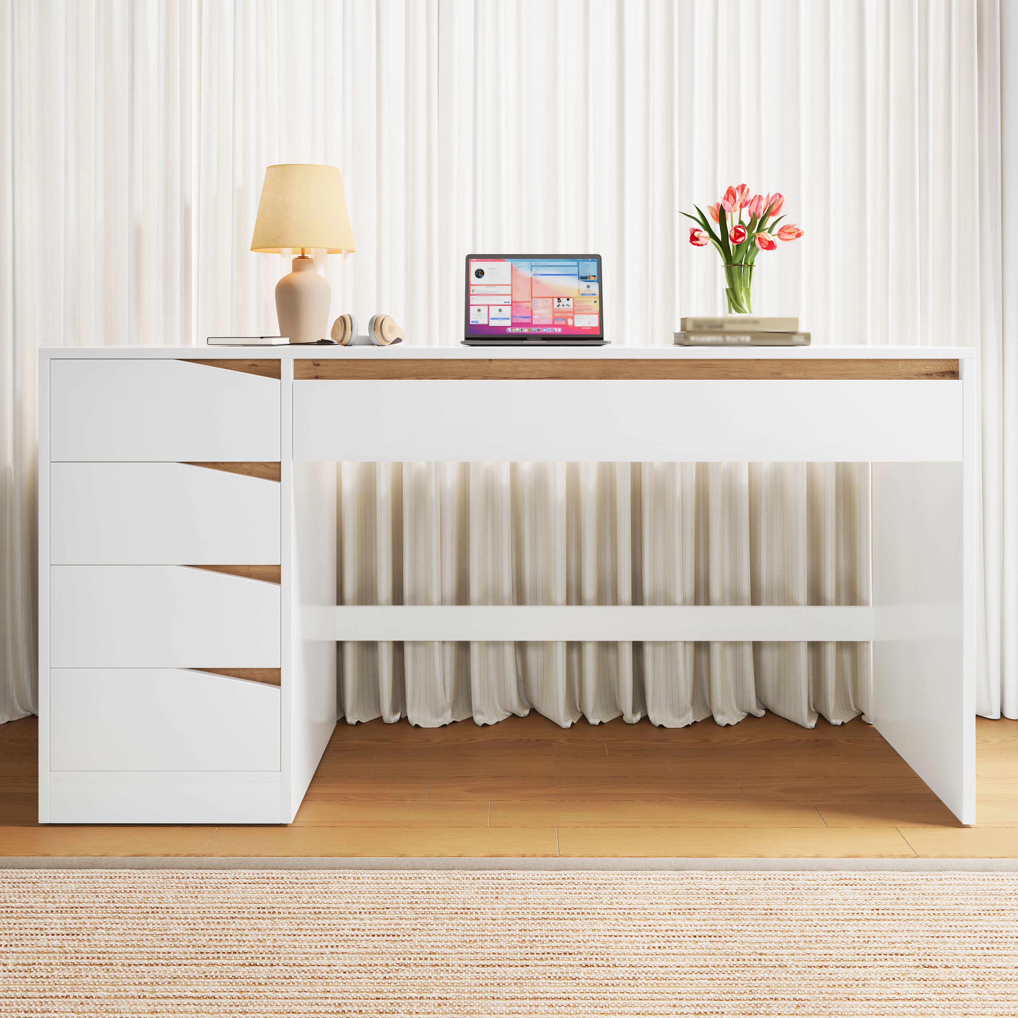 Bureau avec 5 tiroirs - Bureau informatique ou coiffeuse - Panneaux de particules - 140 x 50 x 78 cm - Blanc et chêne - 3