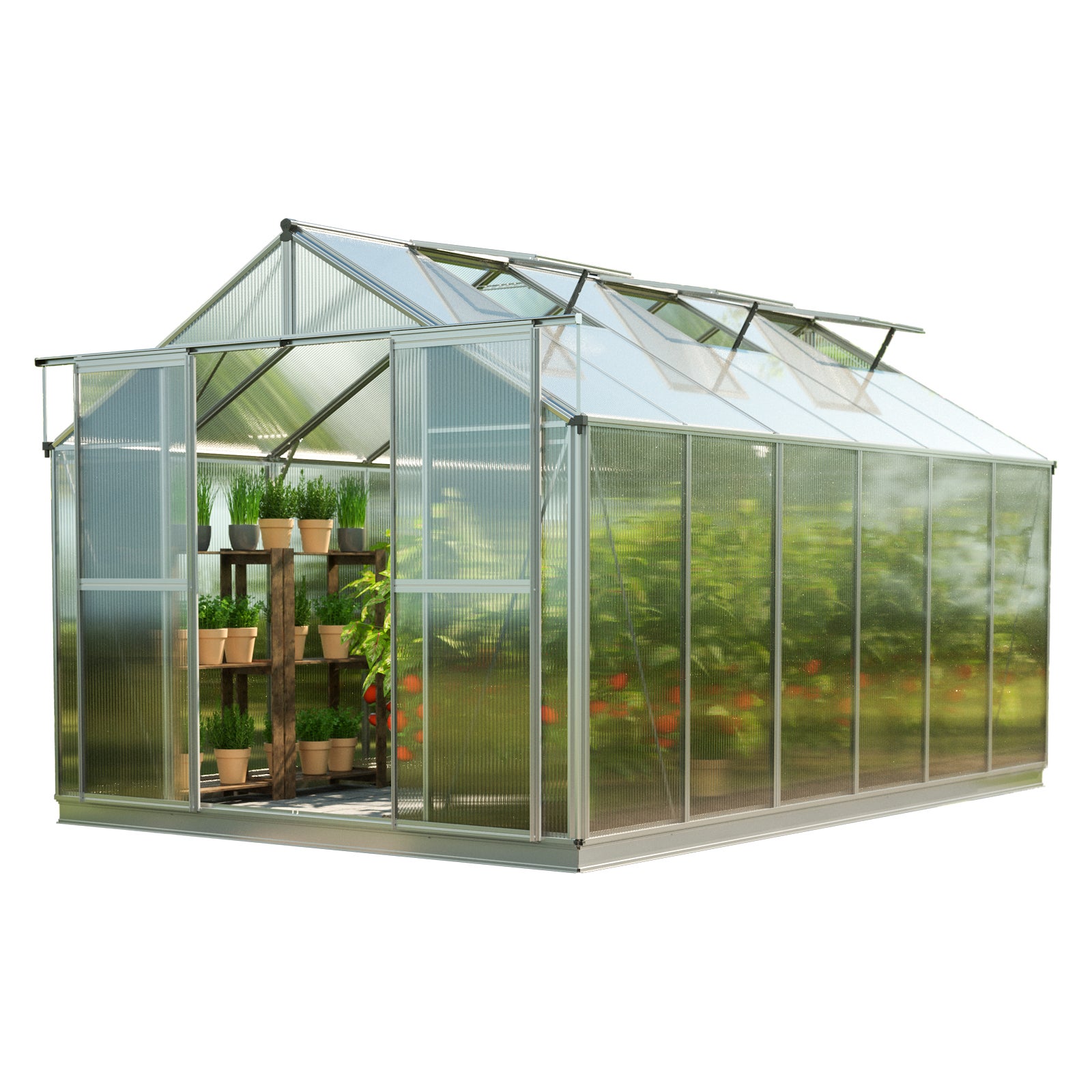 GFP szklarnia Topas 6 rama aluminiowa 225x384 cm - płytami poliwęglanowymi ok. 6 mm - z ramą fundamentową i aut. mechanizm otwierania okien