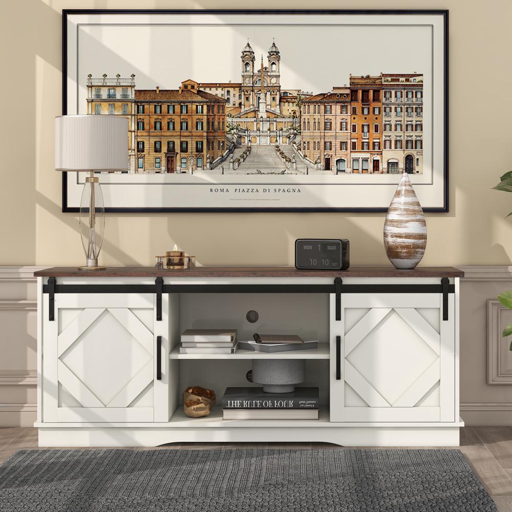 Szafka pod telewizor z litego drewna 150 cm z 2 przesuwanymi drzwiami, regulowanymi półkami, nośnością 80 kg - nowoczesny design w stylu country