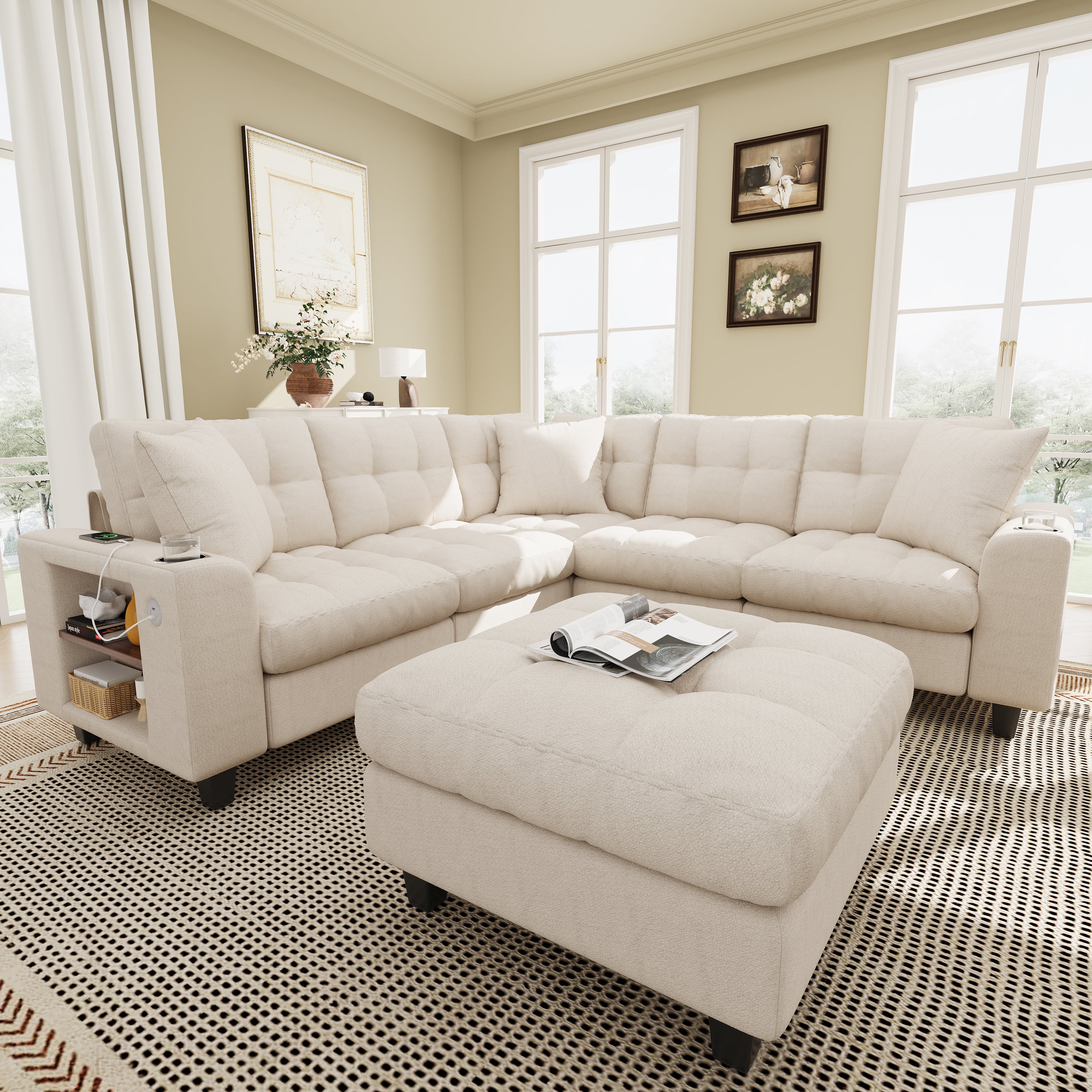 Canapé d'angle modulaire XXL en forme U, canapé 6 places en tissu chenille, avec accoudoirs fonction bibliothèque, beige - 2