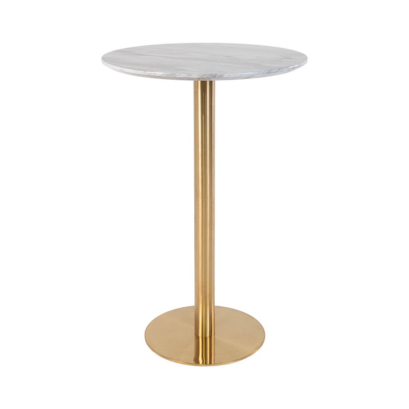 Bolzano Stół barowy Ø70 cm wygląd marmuru, nogi mosiężne, biel.