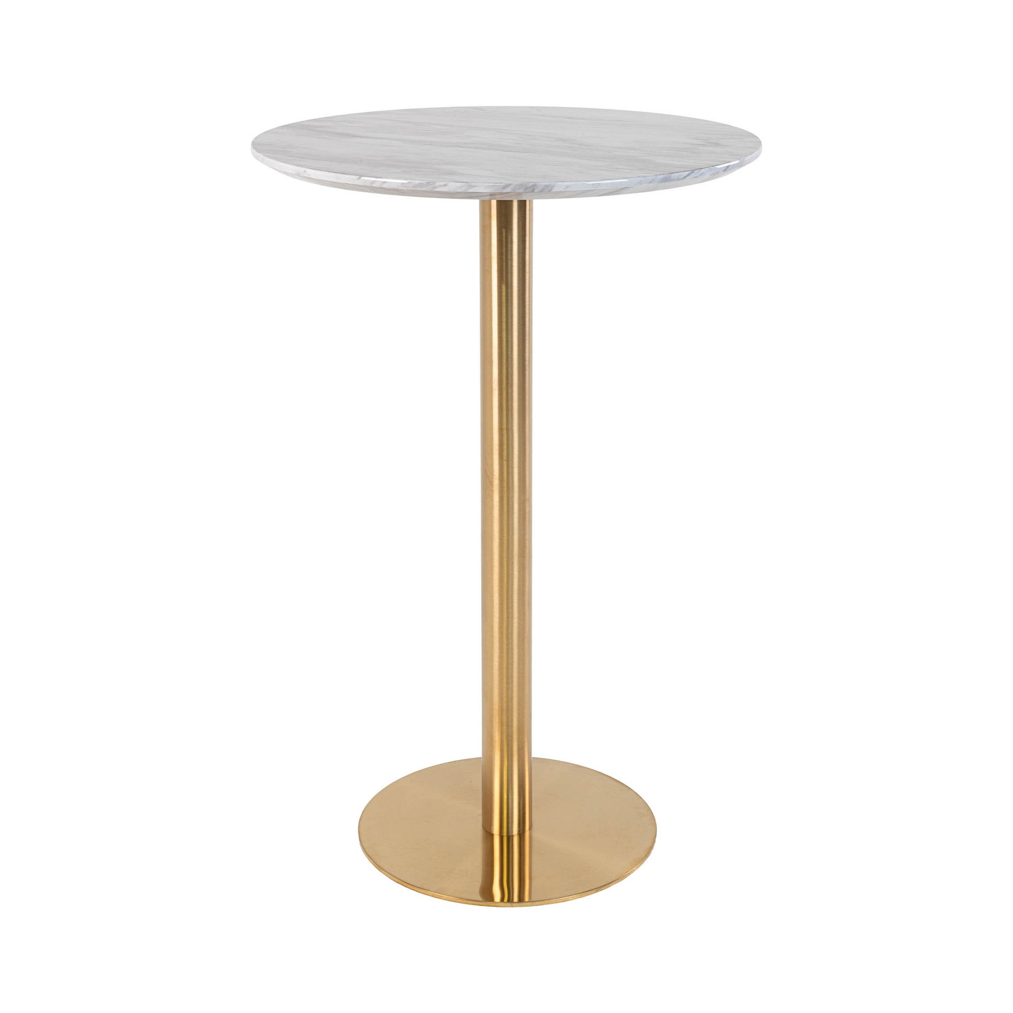 Bolzano Stół barowy Ø70 cm wygląd marmuru, nogi mosiężne, biel.