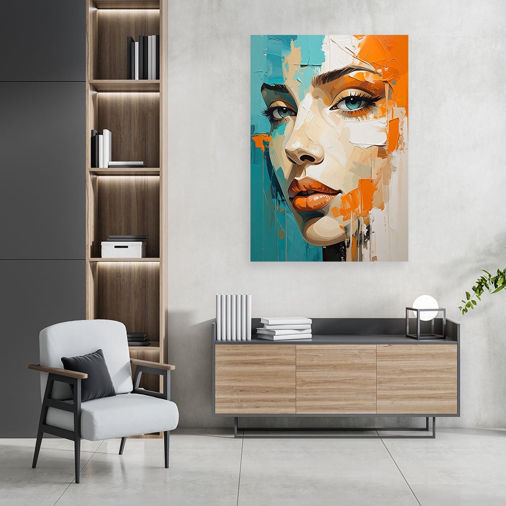 Obraz do salonu sypialni, Kobieta portret turkusowy pomarańczowy 40x60 - 2