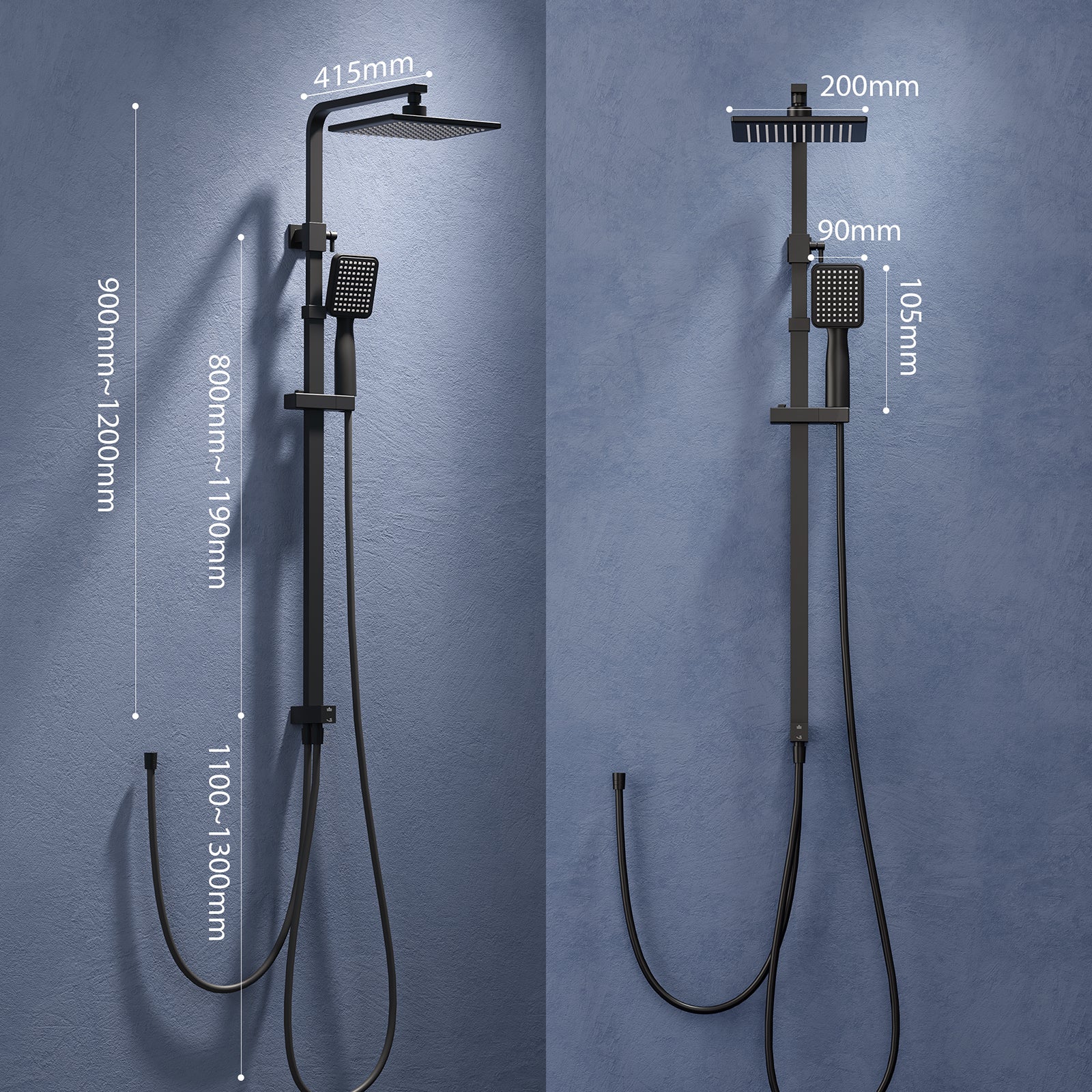 Colonne de Douche Noir Sans Robinetterie, Ensemble de Douche Sans Percement Supplémentaire, Système de Douche Haut Réglable (900 et 1200 mm) en Inox - 7