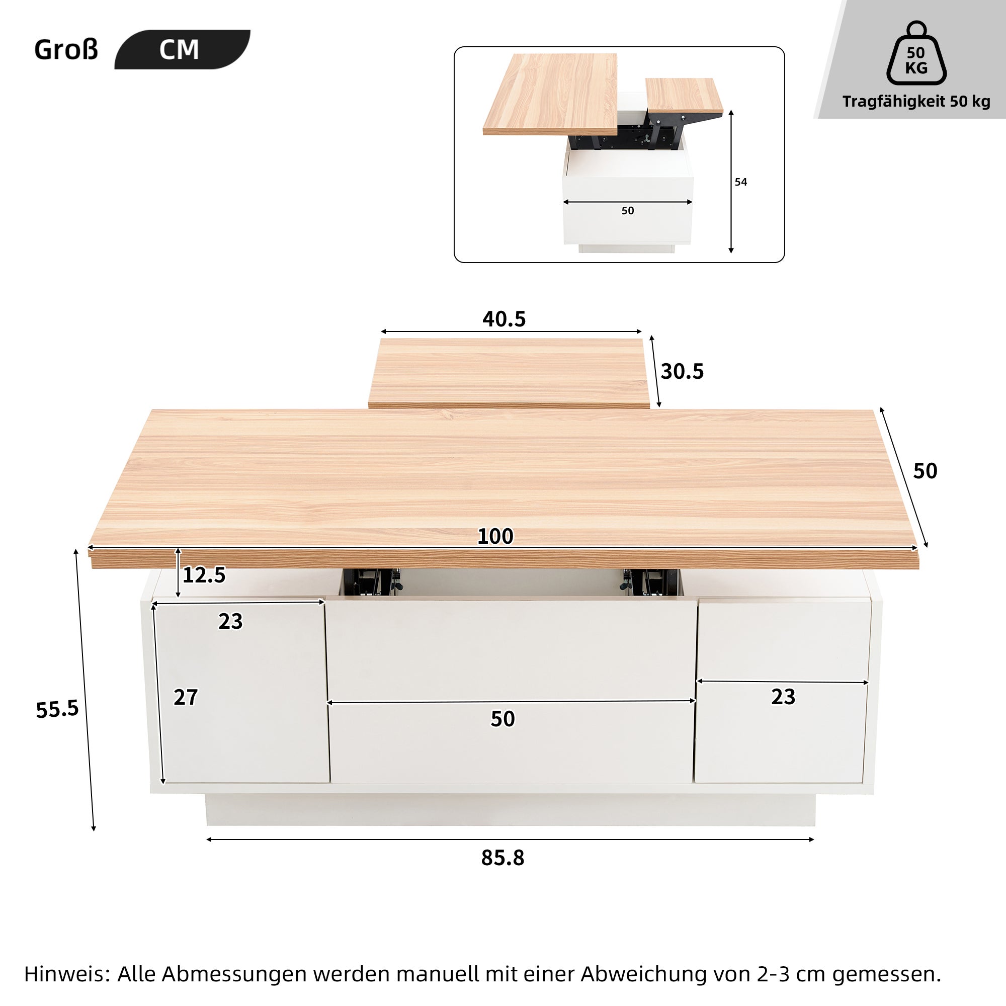 Stolik kawowy z 2 podnoszonymi blatami i 2 małymi drzwiczkami - 100 x 50 x 55,5 cm - Płyta wiórowa - Biały + naturalny - 3