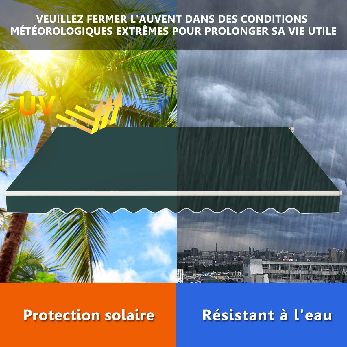 Store Banne de Balcon Rétractable avec Tissu Résistant aux UV et à l'eau, Cadre en Aluminium, Réglable 5-35°,3 x 2,5 m, Vert - 5