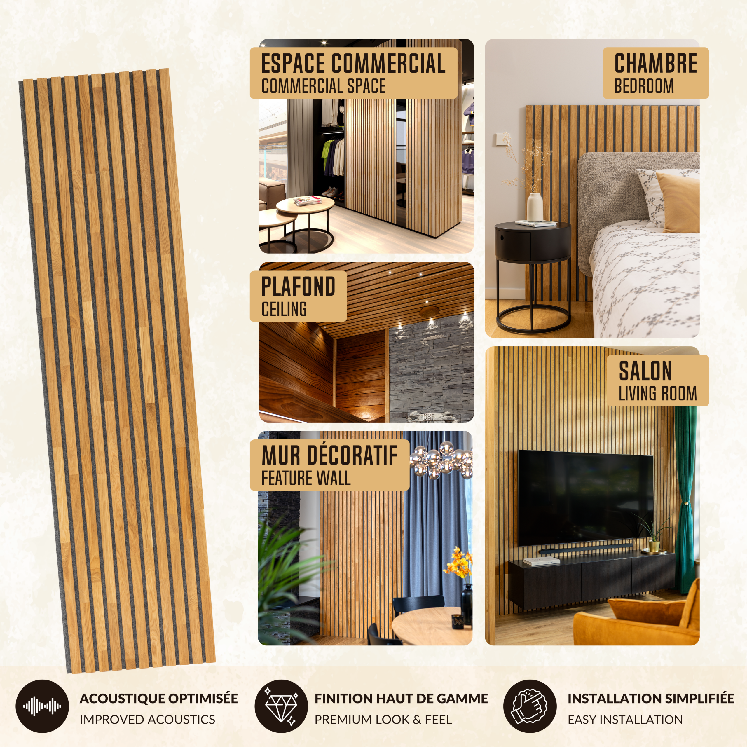 Lot de 2 Panneau Tasseau Acoustique en Bois - Chêne Naturel - 2400x600mm - Lattes 40mm, Support en Feutre Gris - 3