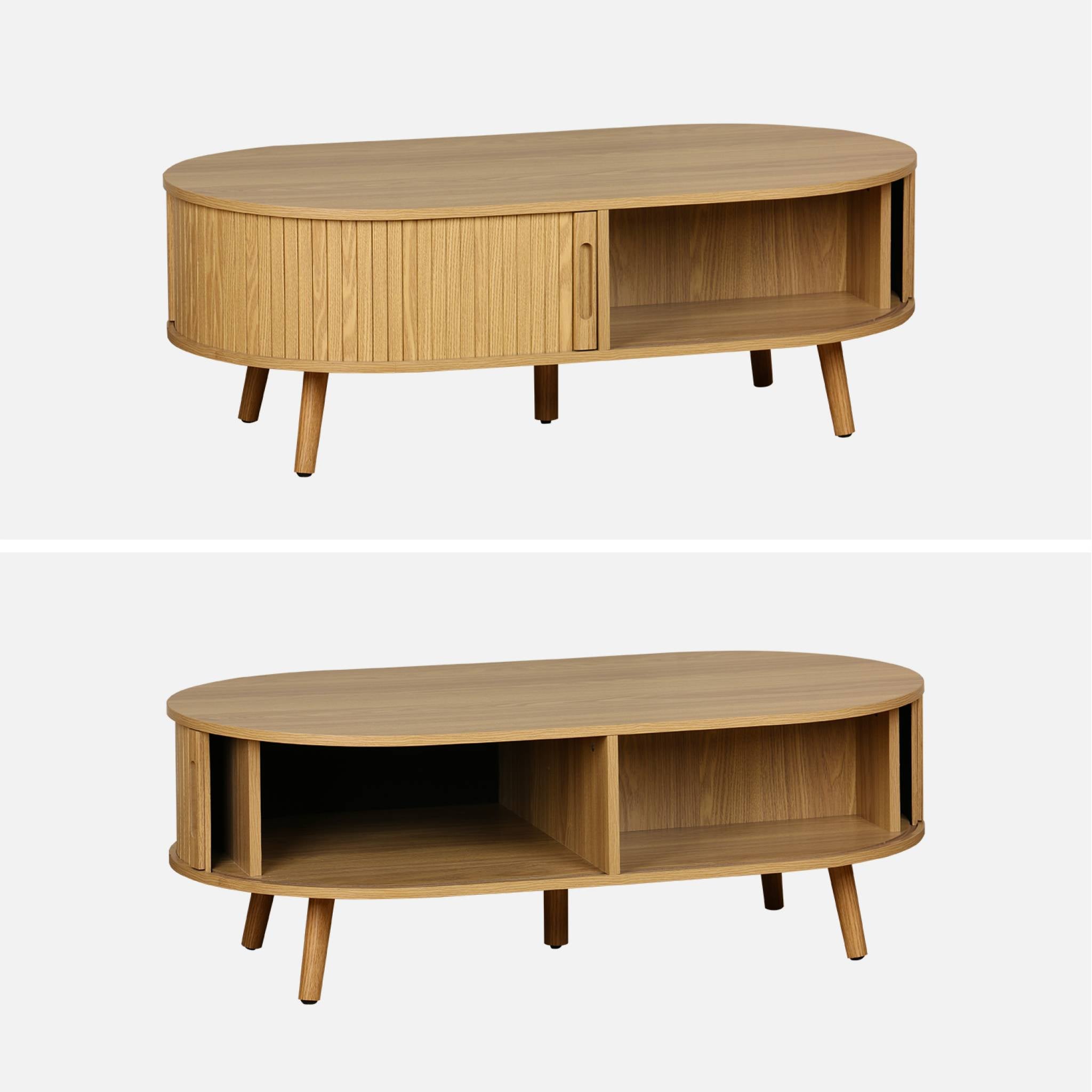 Table basse 2 portes coulissantes avec 3 compartiments décor bois rainuré. L 110 x P 59 x H 39cm LEGACY - 6