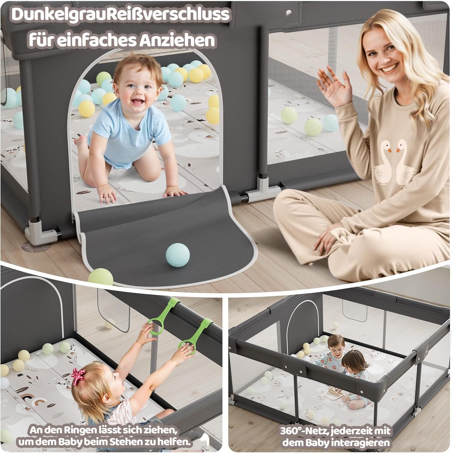 Parc pour bébé, 120 x 120 cm, barrière de sécurité avec filet, idéal pour une utilisation en intérieur, grand parc - 3