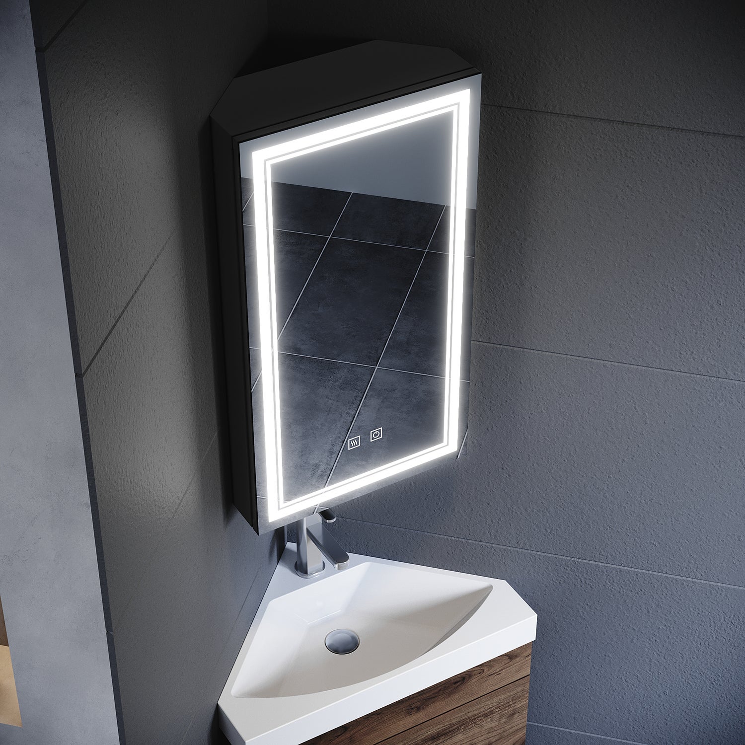 SIRHONA Suspendue de Salle de Bain avec LED Miroir Noir 38.5x70x16cm, Anti-buée Tactile Miroir avec Armoire de Rangement, pour Angle - 3