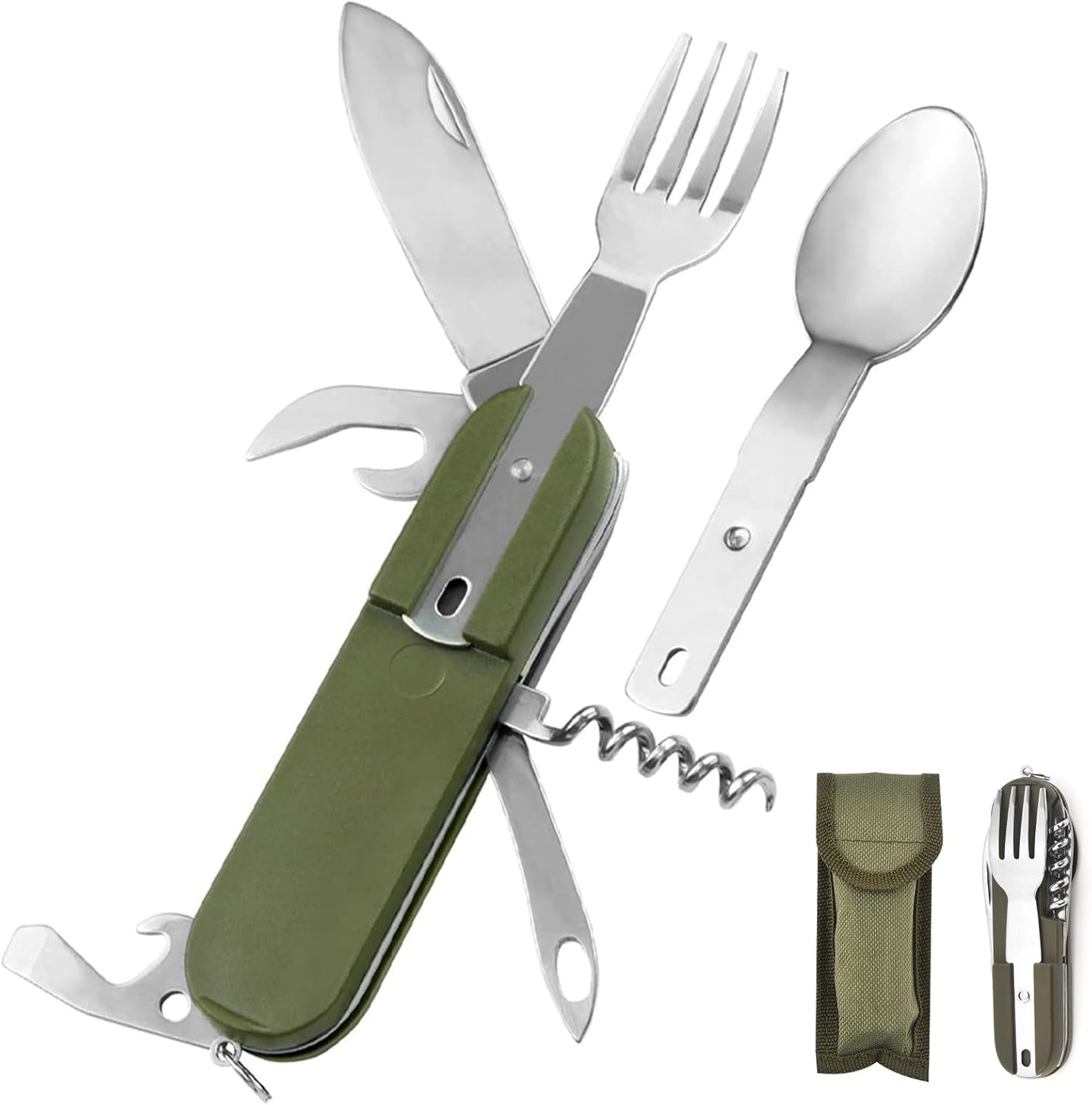 Zestaw sztućców kempingowych 7 w 1 ze stali nierdzewnej – wielofunkcyjny zestaw składany z etui na pasek, przybory survivalowe na wędrówki i piknik (z