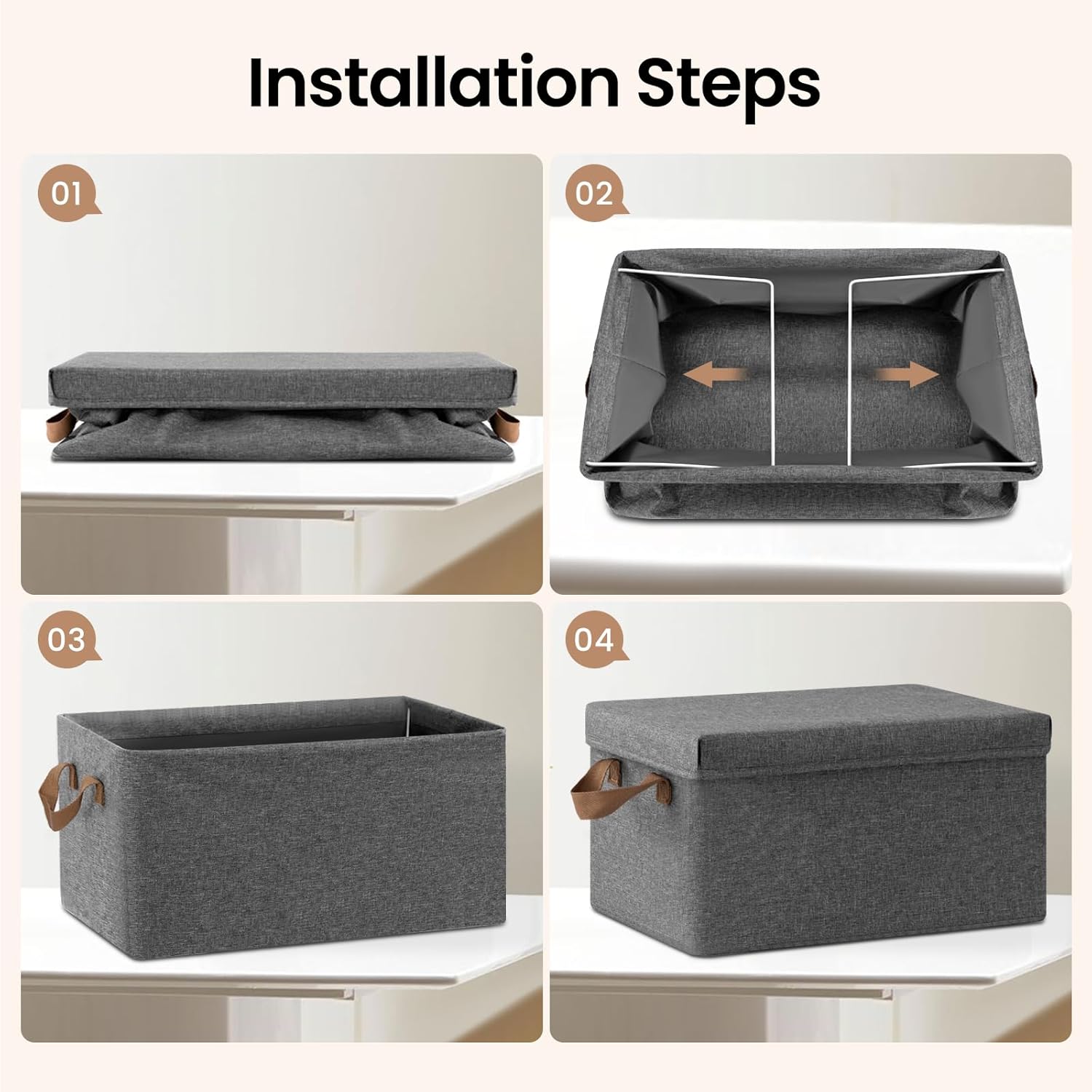 WOLTU Boîte de Rangement avec Couvercle，Lot de 6，Caisse Rangement Pliable，38x27x20cm，Coffre de Rangement en Tissu non Tissé，Gris - 3