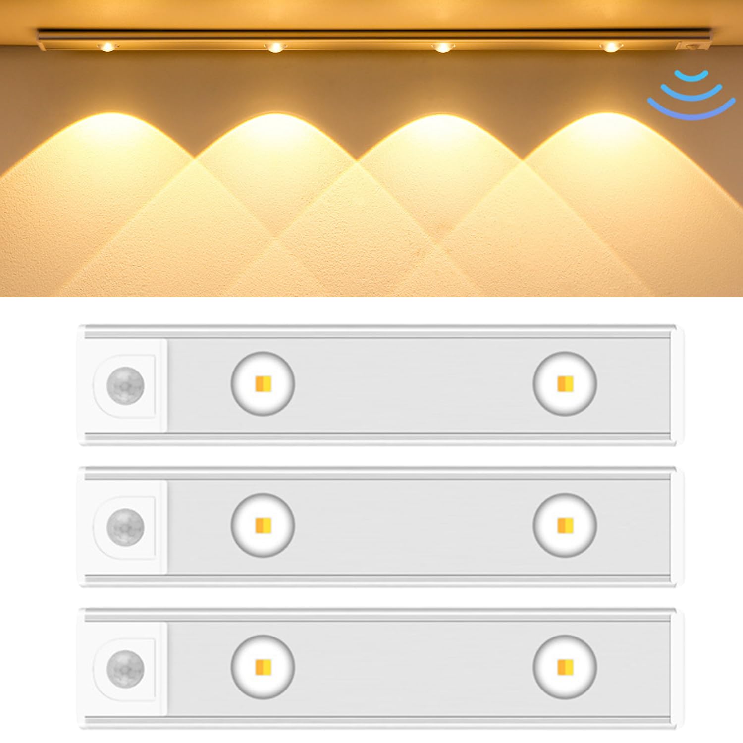 Zestaw 3 lamp LED do szafy, oświetlenie szafki podblatowej z czujnikiem ruchu, lampka nocna ładowana przez USB, biała, 30 cm