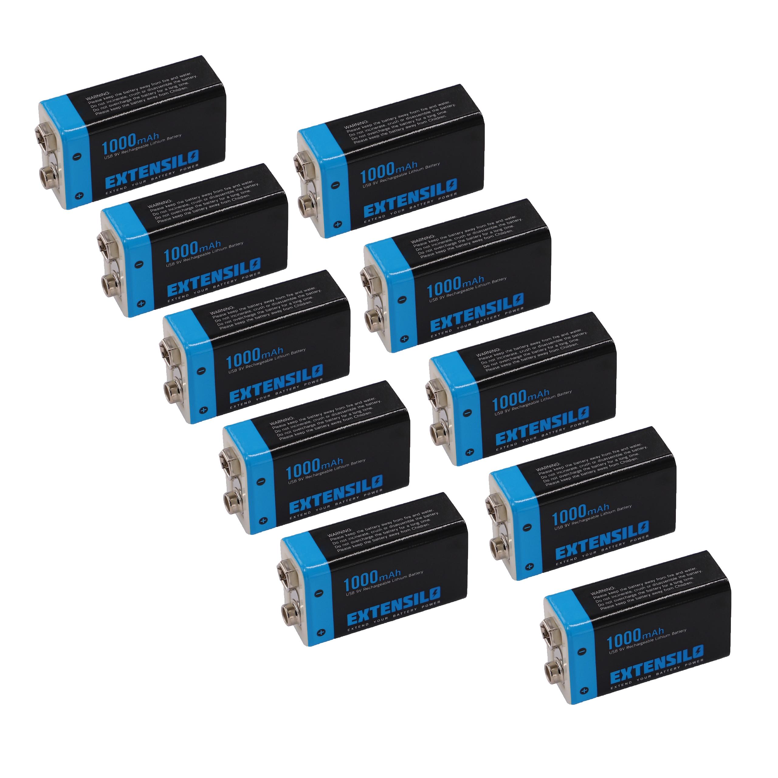 EXTENSILO 10x Piles bloc batterie 9V pour divers appareils (1000mAh, 9V, Li-ion), prête à l'emploi, avec port micro-USB - 3