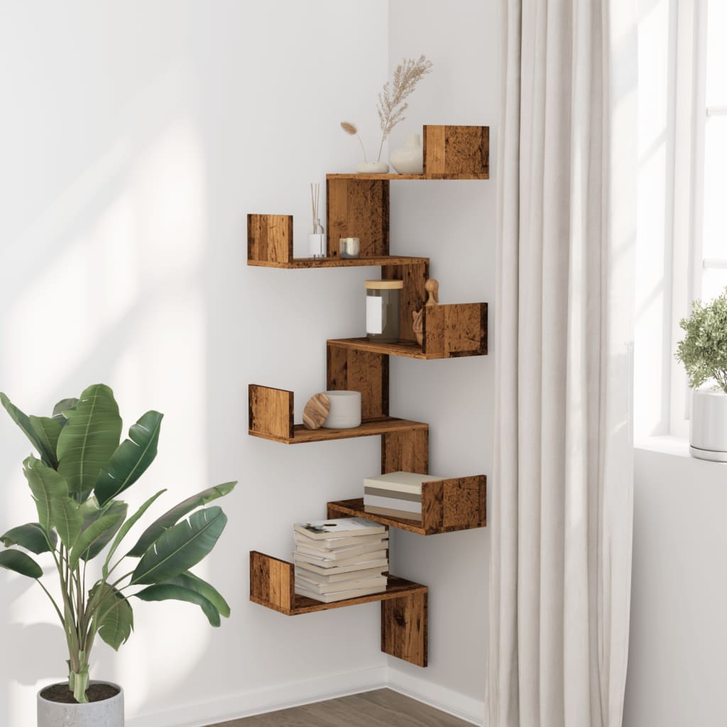 étagère d'angle murale vieux bois 45x45x147cm bois d'ingénierie - 3